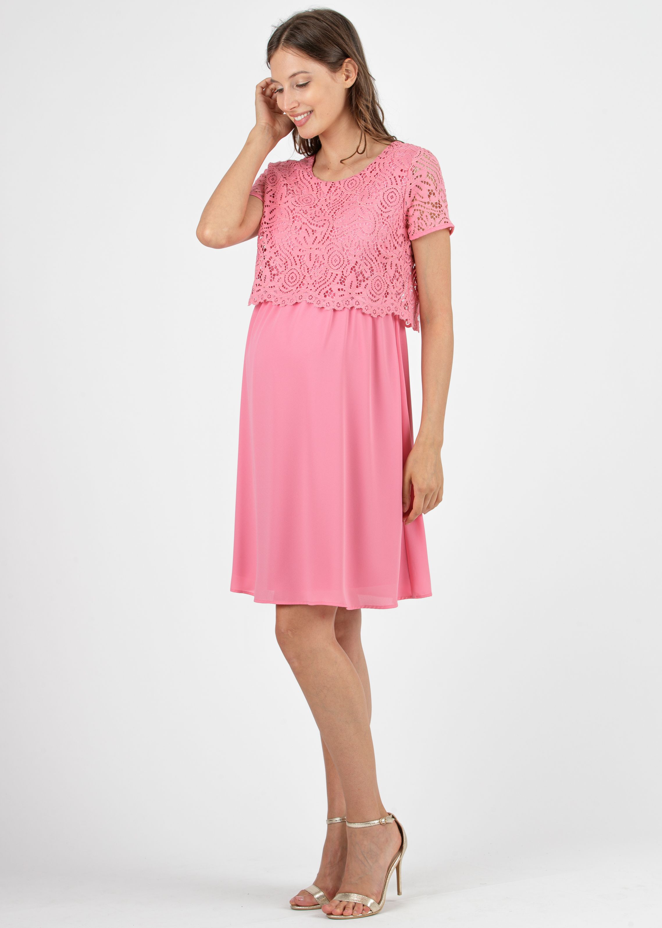 AURORA - Embroidered Maternity & Nursing Dress in Lace (Pink, XS)