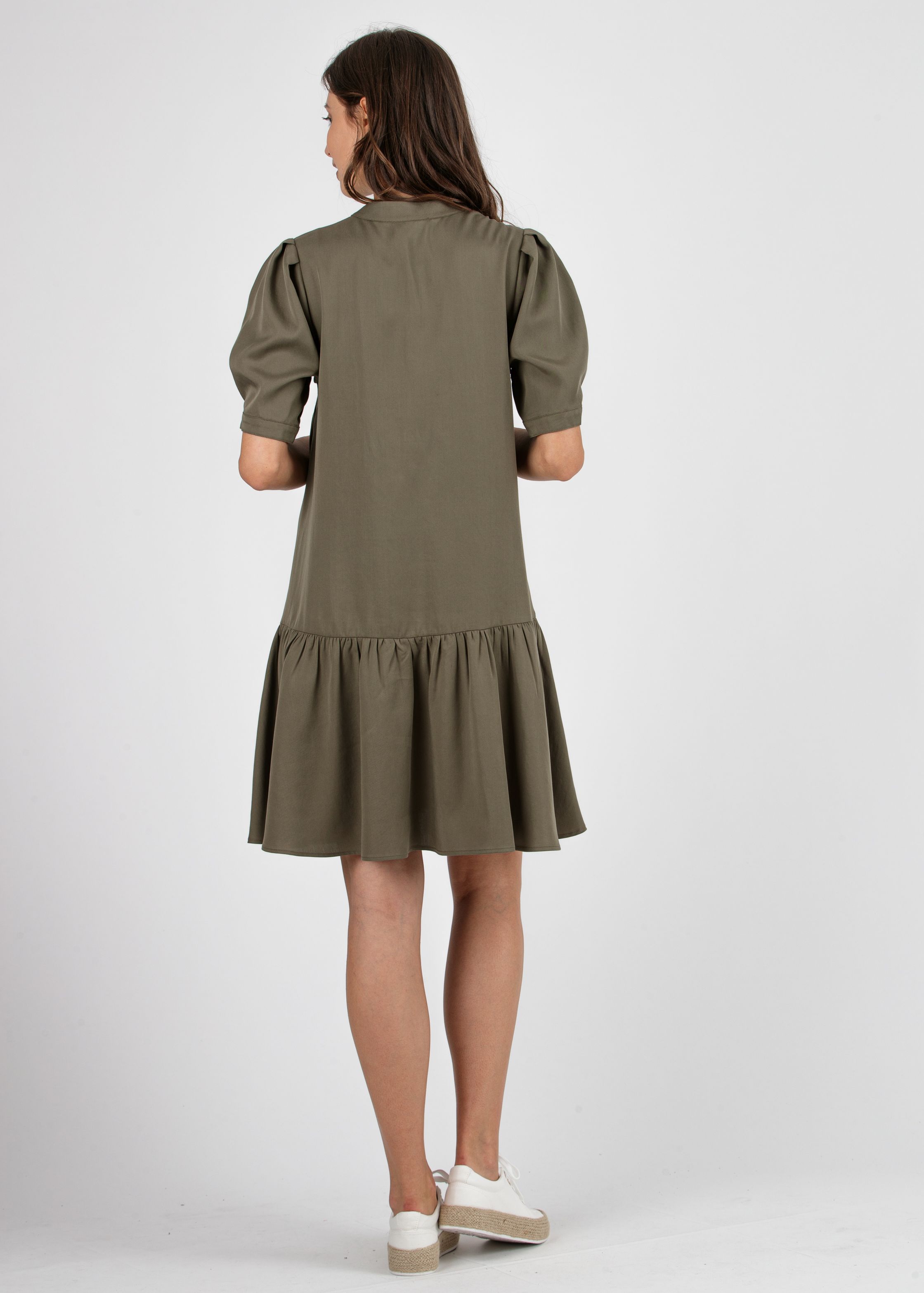 Abito Premaman in Viscosa con Manica a Petalo e Balza (Verde Militare, XS)