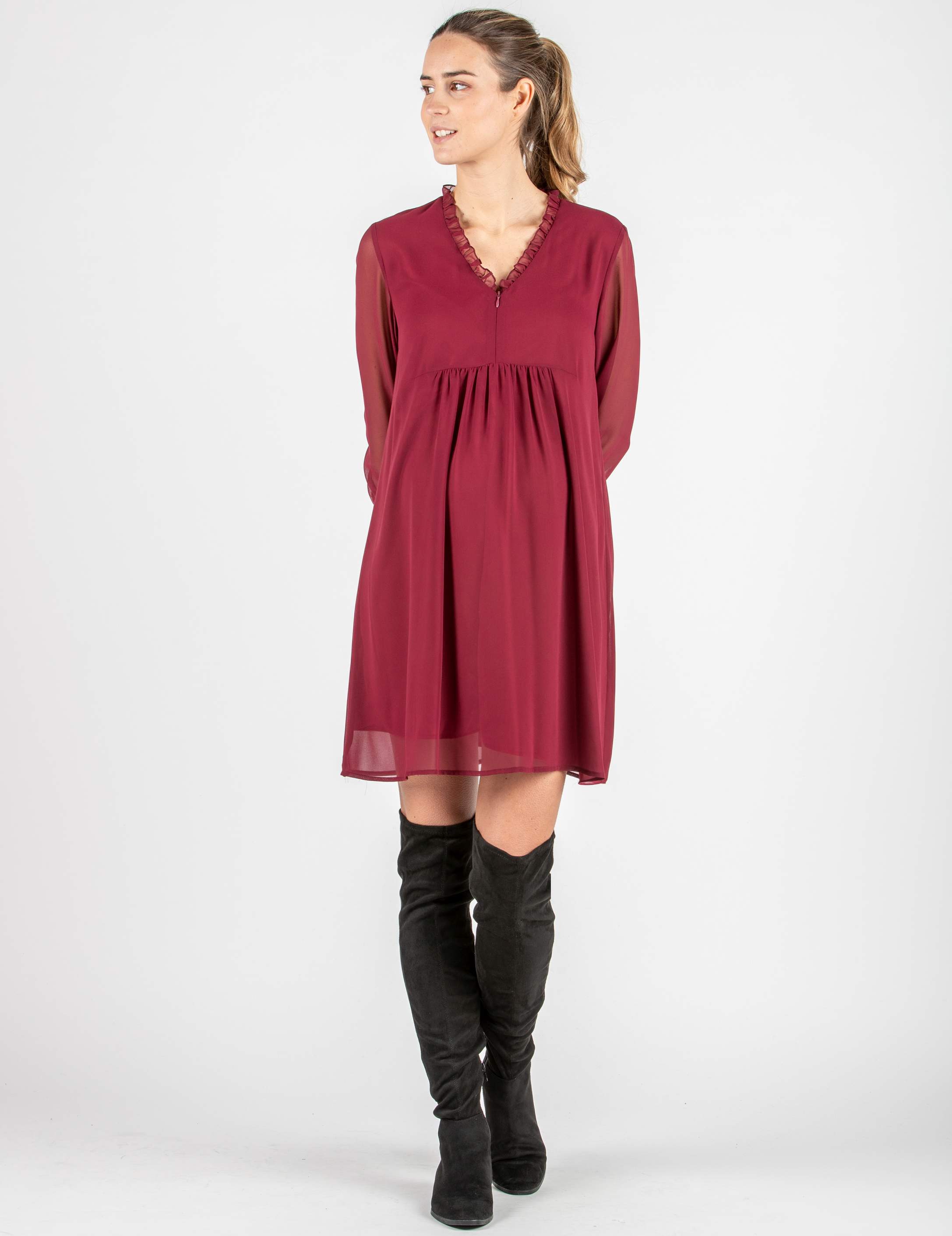 DIANA - Chiffon Maternity & Nursing Dress with Ruffle Trims on the Neck (Plum, XS)