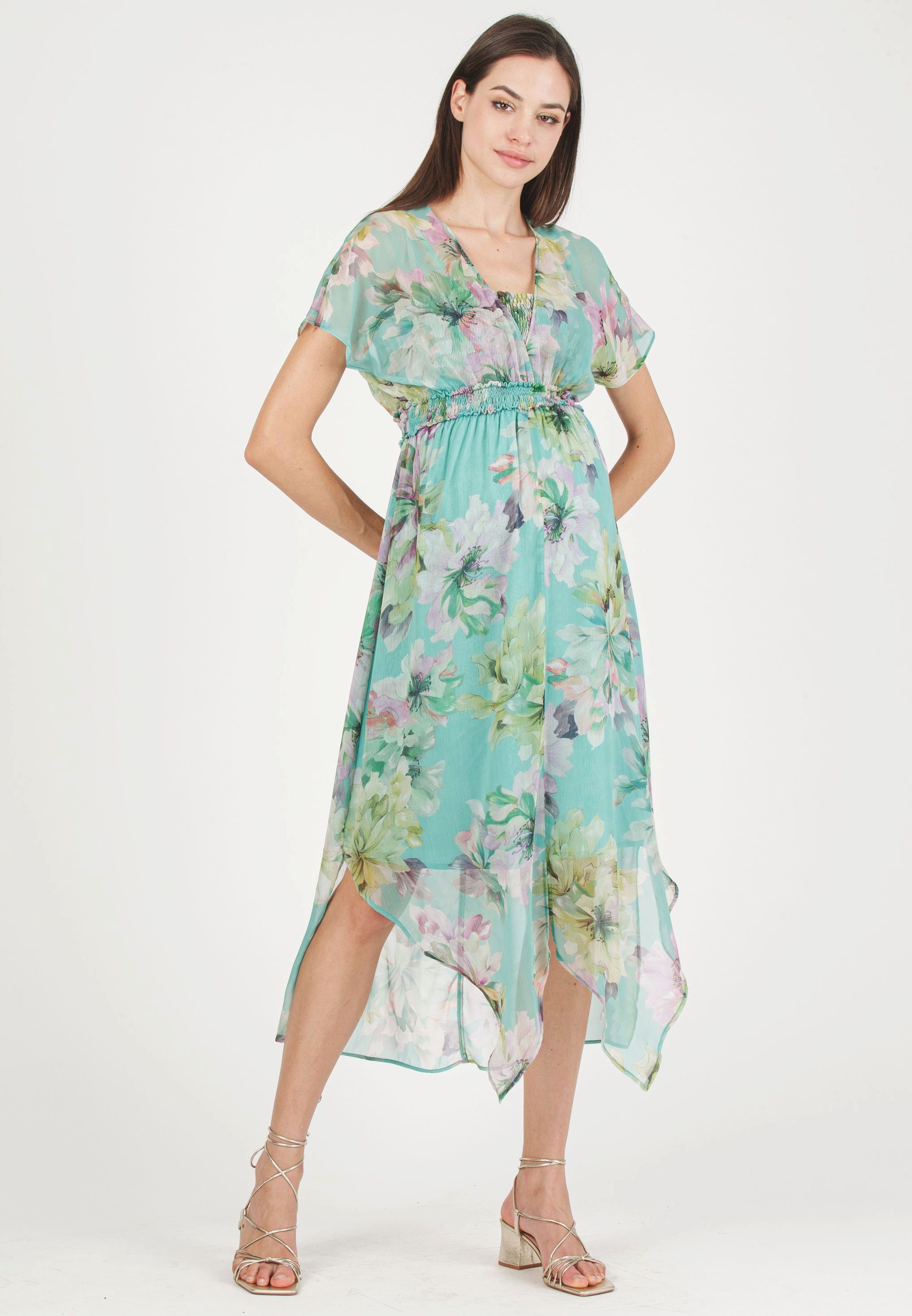 HOLLY - Maternity & Nursing Dress with Crossed Neckline and Asymmetric Hem (Aqua, XS)