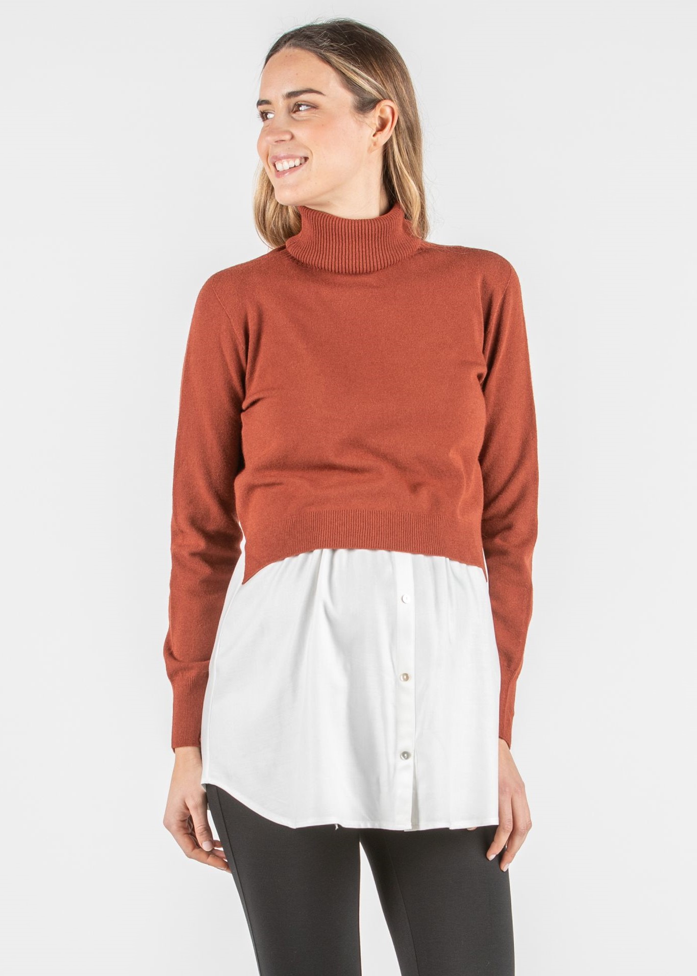 GIANNA - Maglioncino Premaman & Allattamento con Collo Alto e Top in Viscosa Abbinato (Rosso Mattone, XS)
