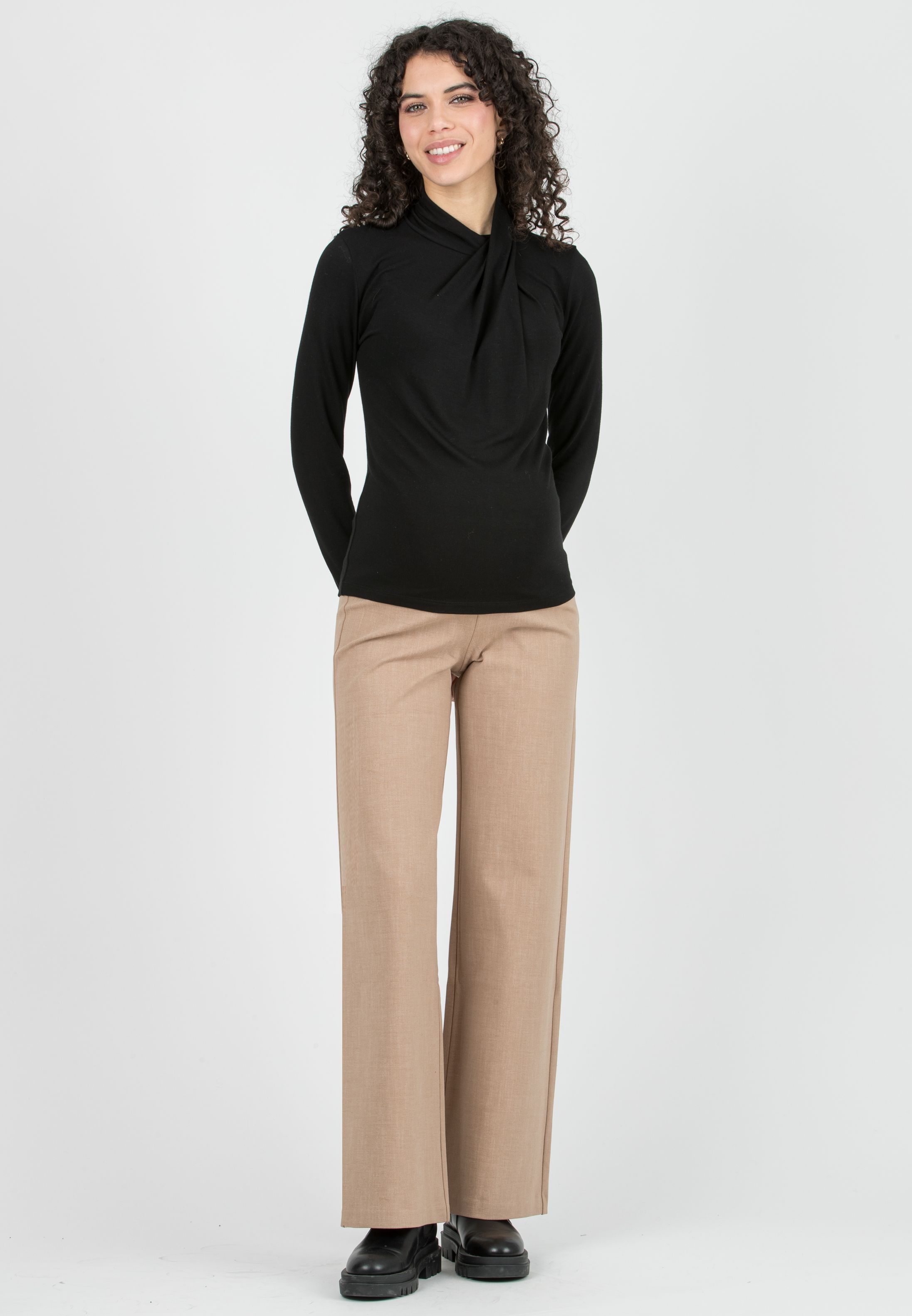 KIMBERLY T – Pantalone Premaman Palazzo in Punto Milano di Viscosa Effetto Trama (Cammello, XS)