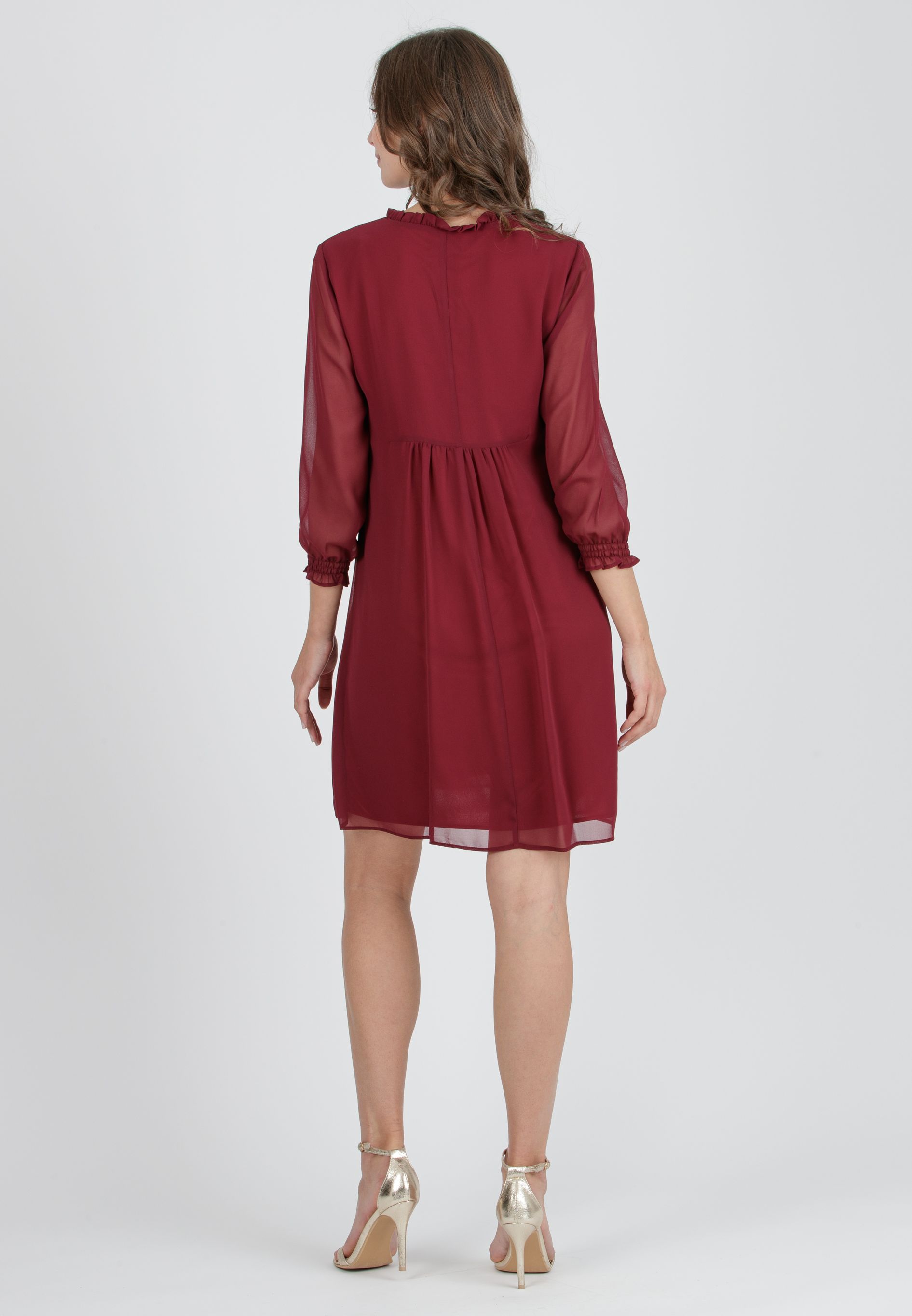 DIANA - Chiffon Maternity & Nursing Dress with Ruffle Trims on the Neck (Plum, XS)