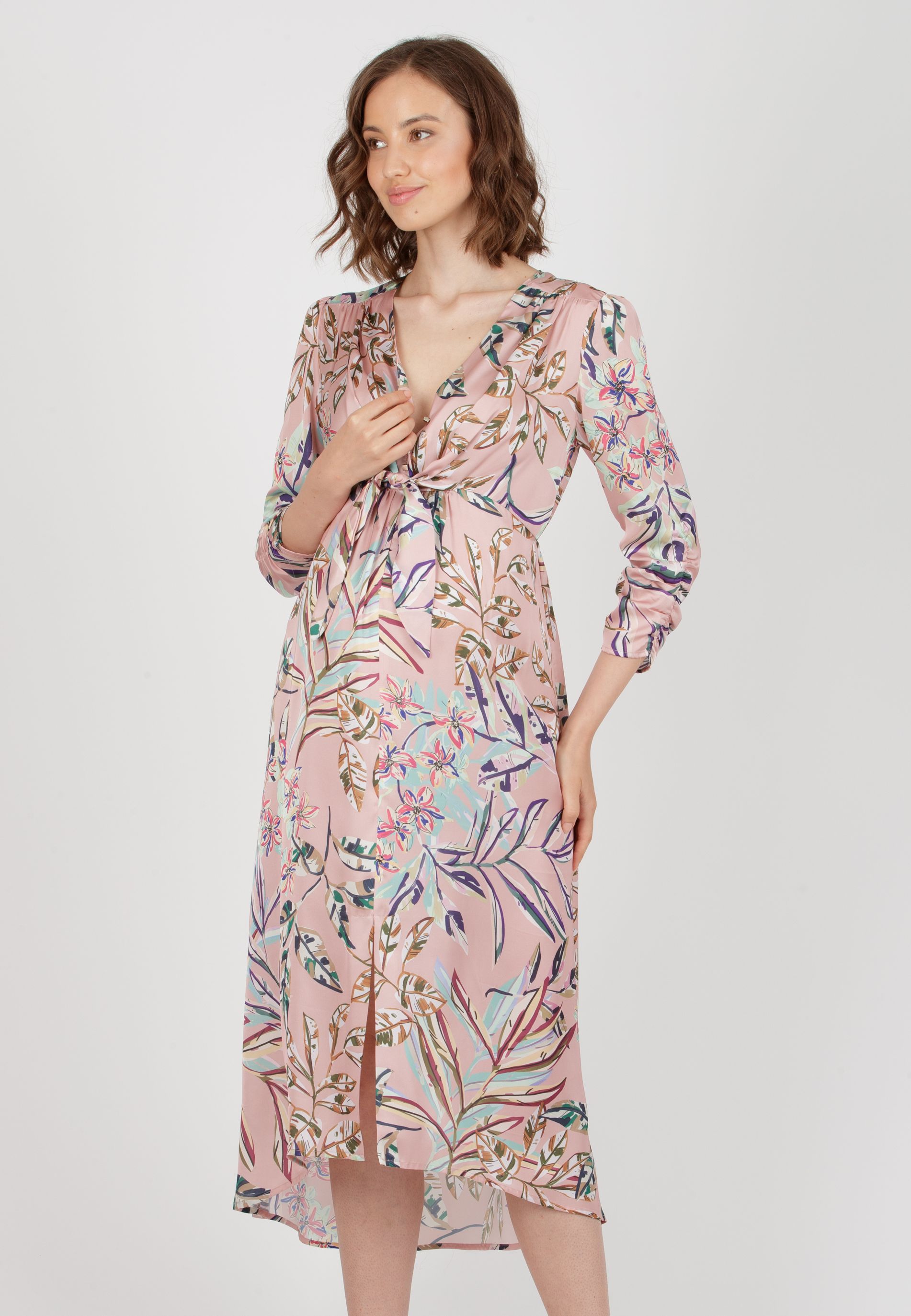 BELEN M/L - Abito Premaman & Allattamento in Raso Stampato con Corpino Annodato e Maniche 3/4 (Rosa, XS)
