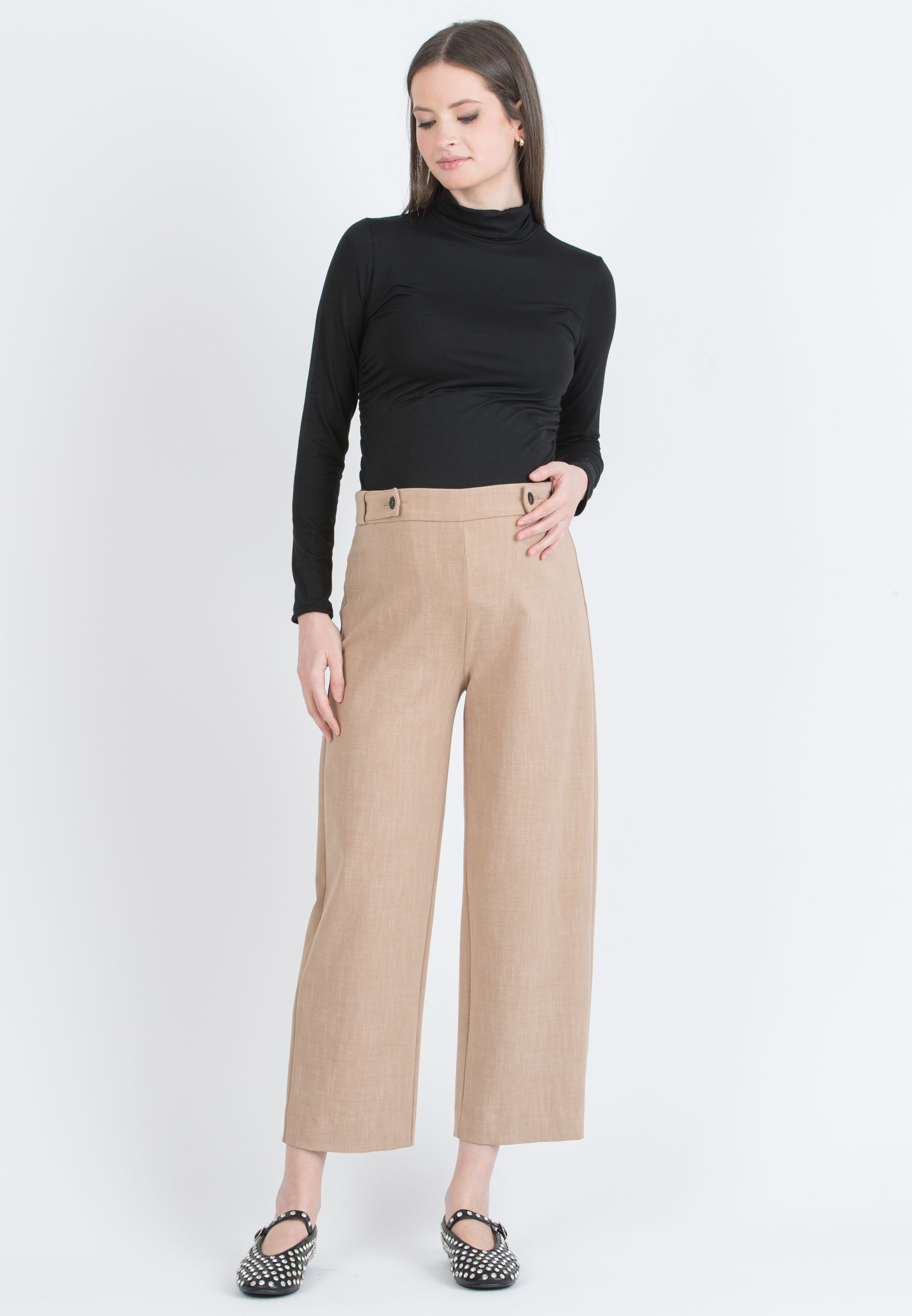 EVAN - Pantalone Premaman Ampio Cropped con Vita Regolabile a Bottoni (Cammello)