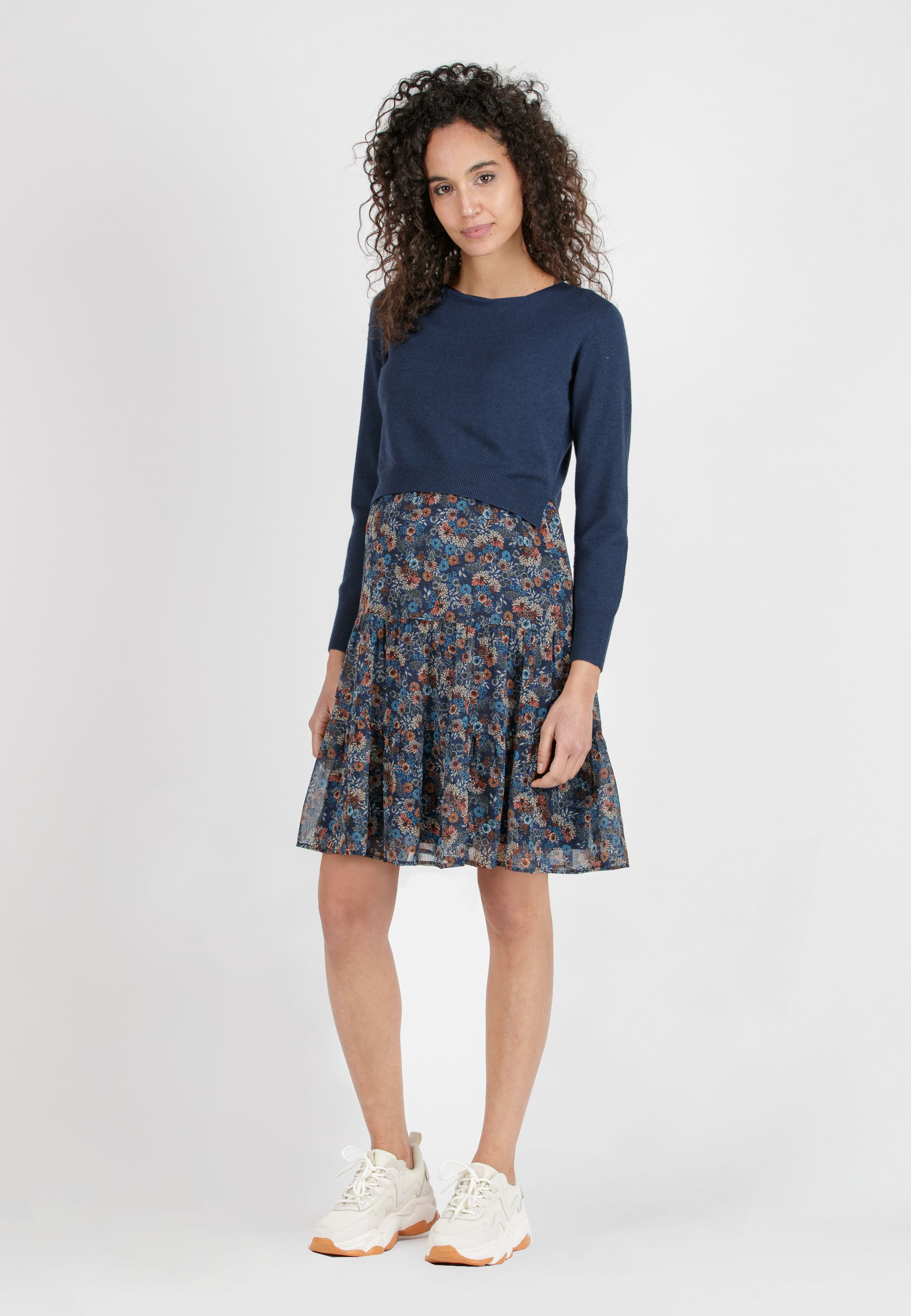 KELLY B - Floral Printed Maternity & Nursing Dress with Coordinated Boat Neck Sweater (Blu)