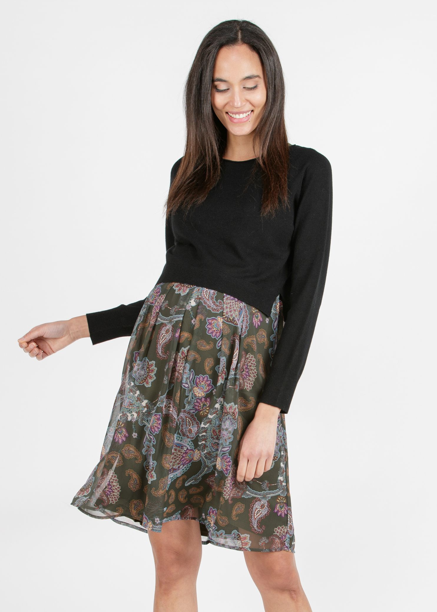 JANET - Paisley Printed Maternity & Nursing Dress with Coordinated Sweater (Army Green, XS)