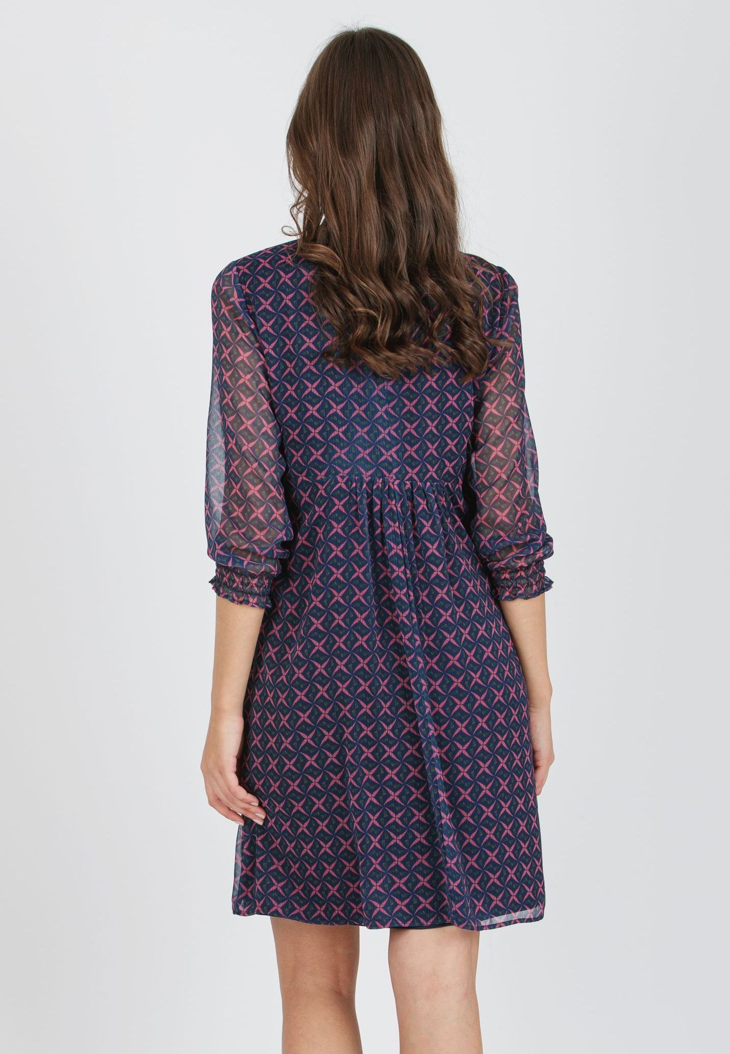 DIANA S - Printed Chiffon Maternity & Nursing Dress with Ruffle Trims on the Neck (Blue, XS)