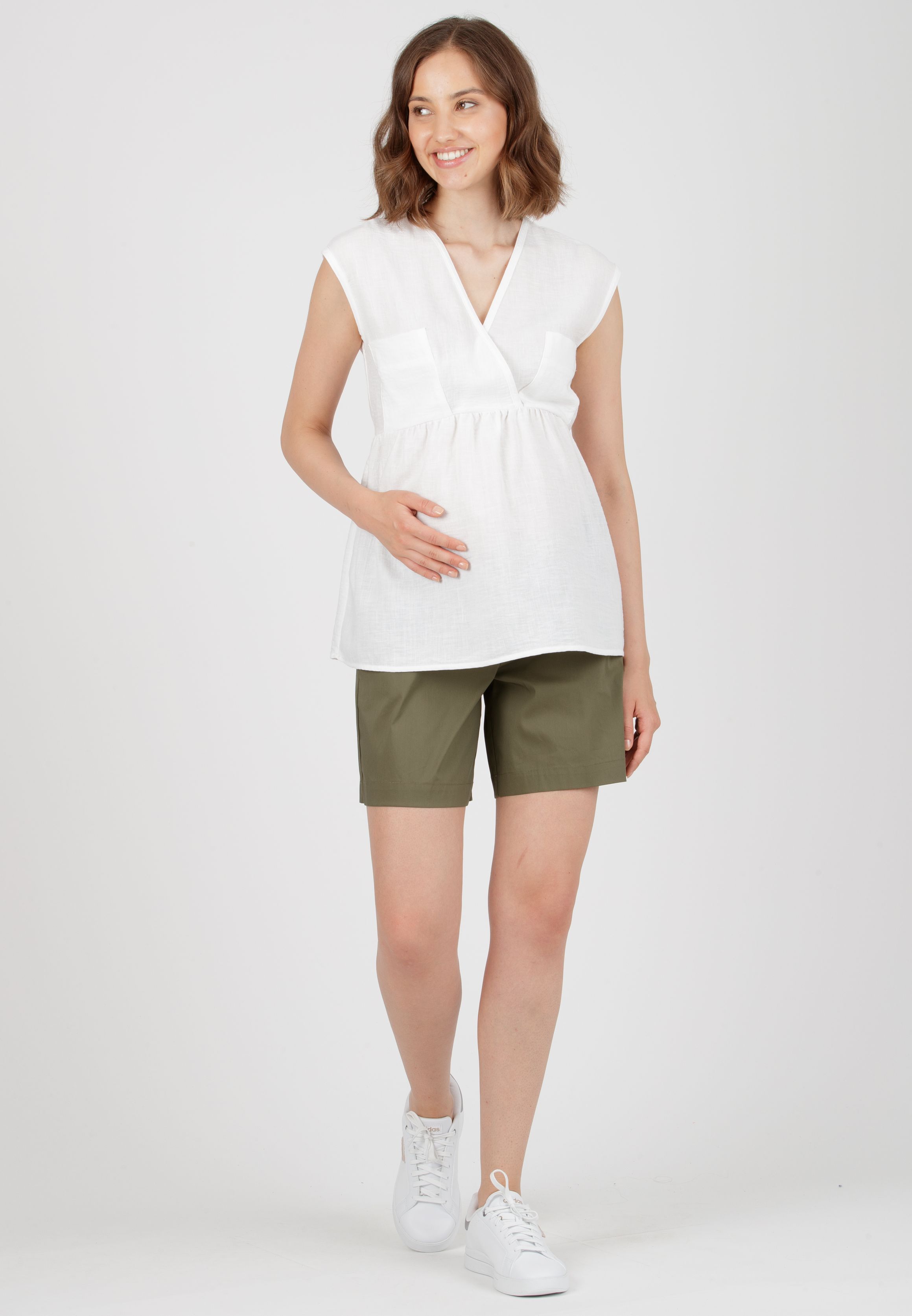 SIBILLA - Linen Effect Maternity Shorts with Elastic (Army Green, XS)