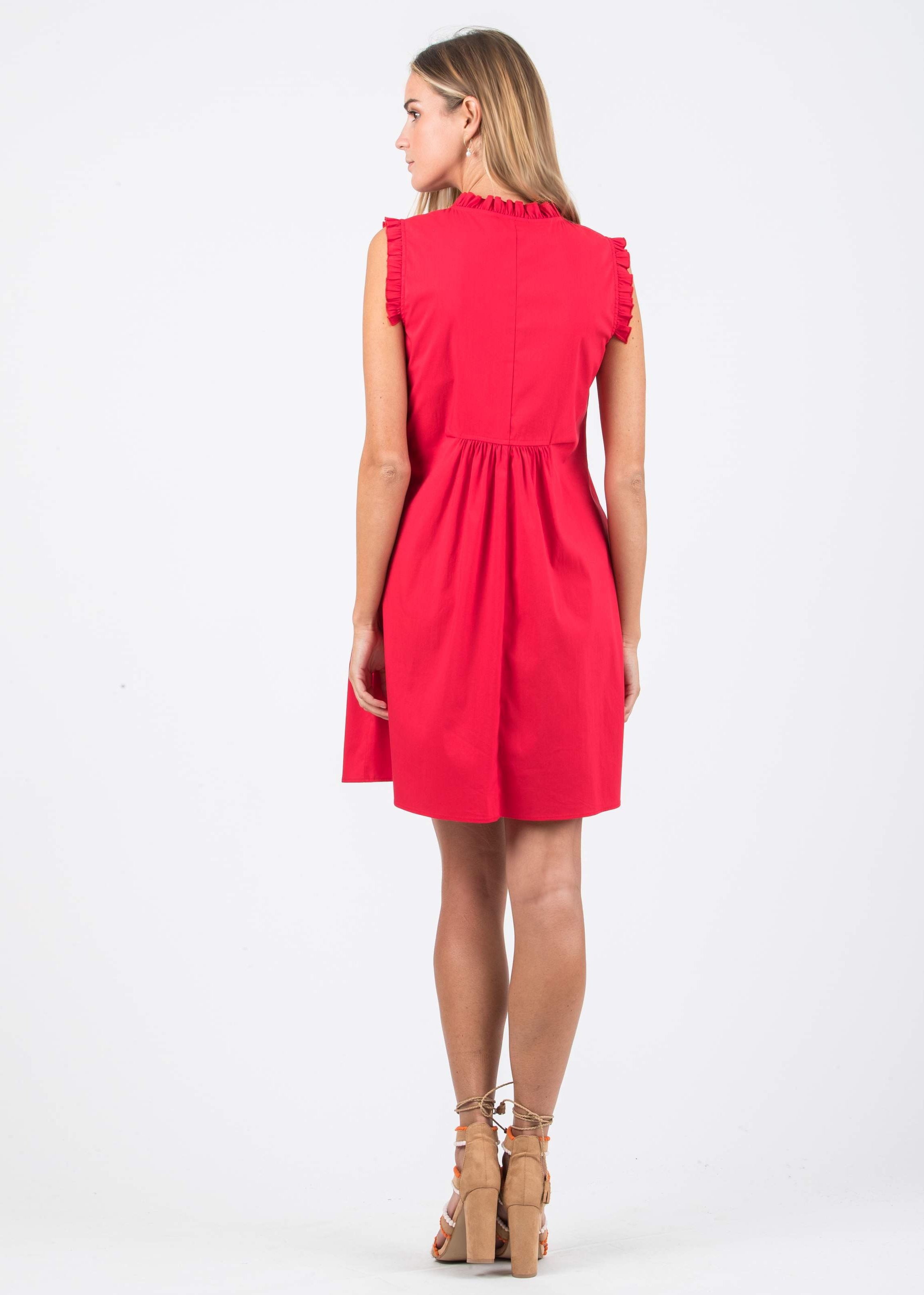 Maternity Dress in Cotton Poplin with Frill Trims (Red, XS)