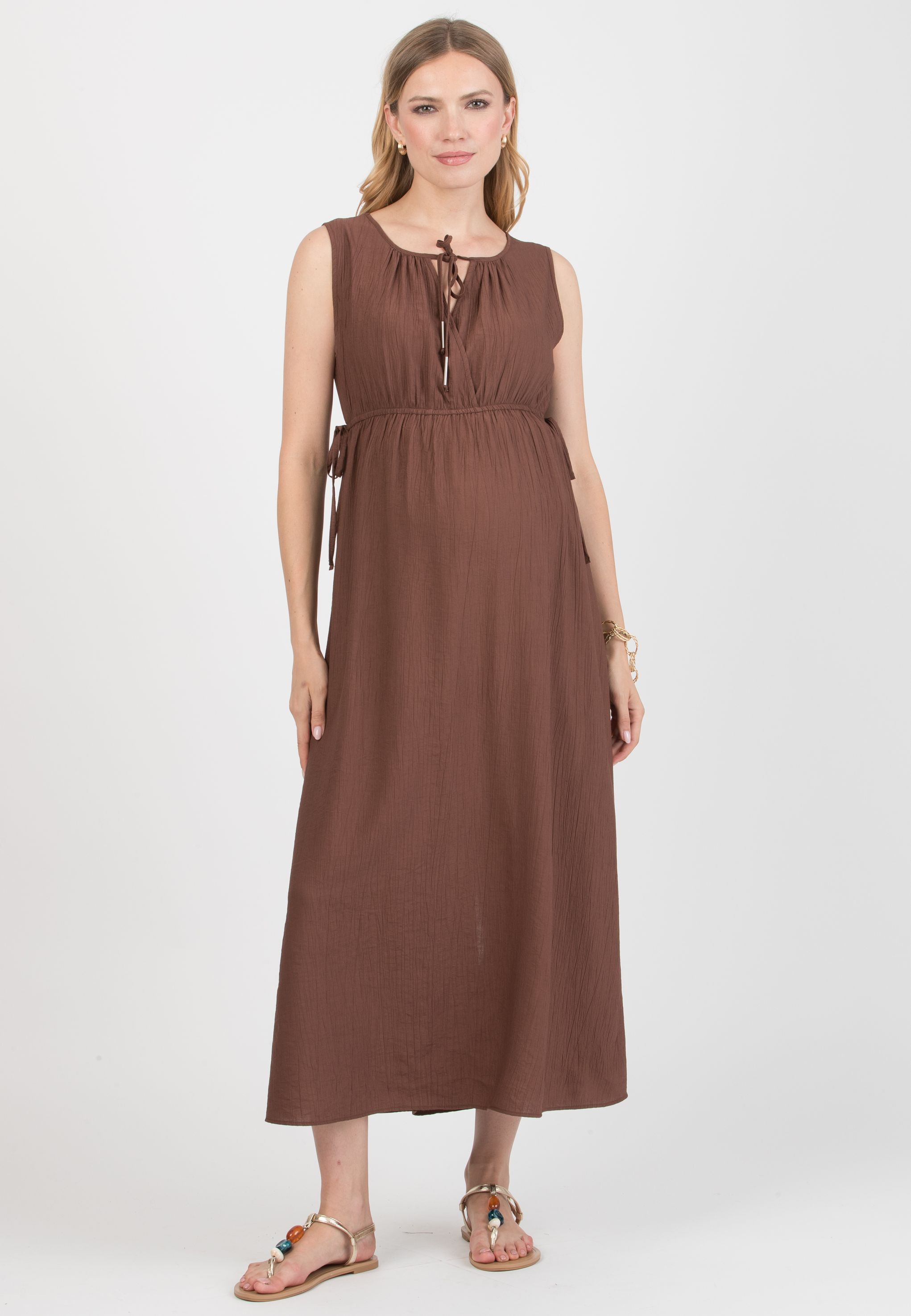 DEVA – Maternity & Nursing Dress in Viscose Crepe with Crossover Neckline (Marrone)