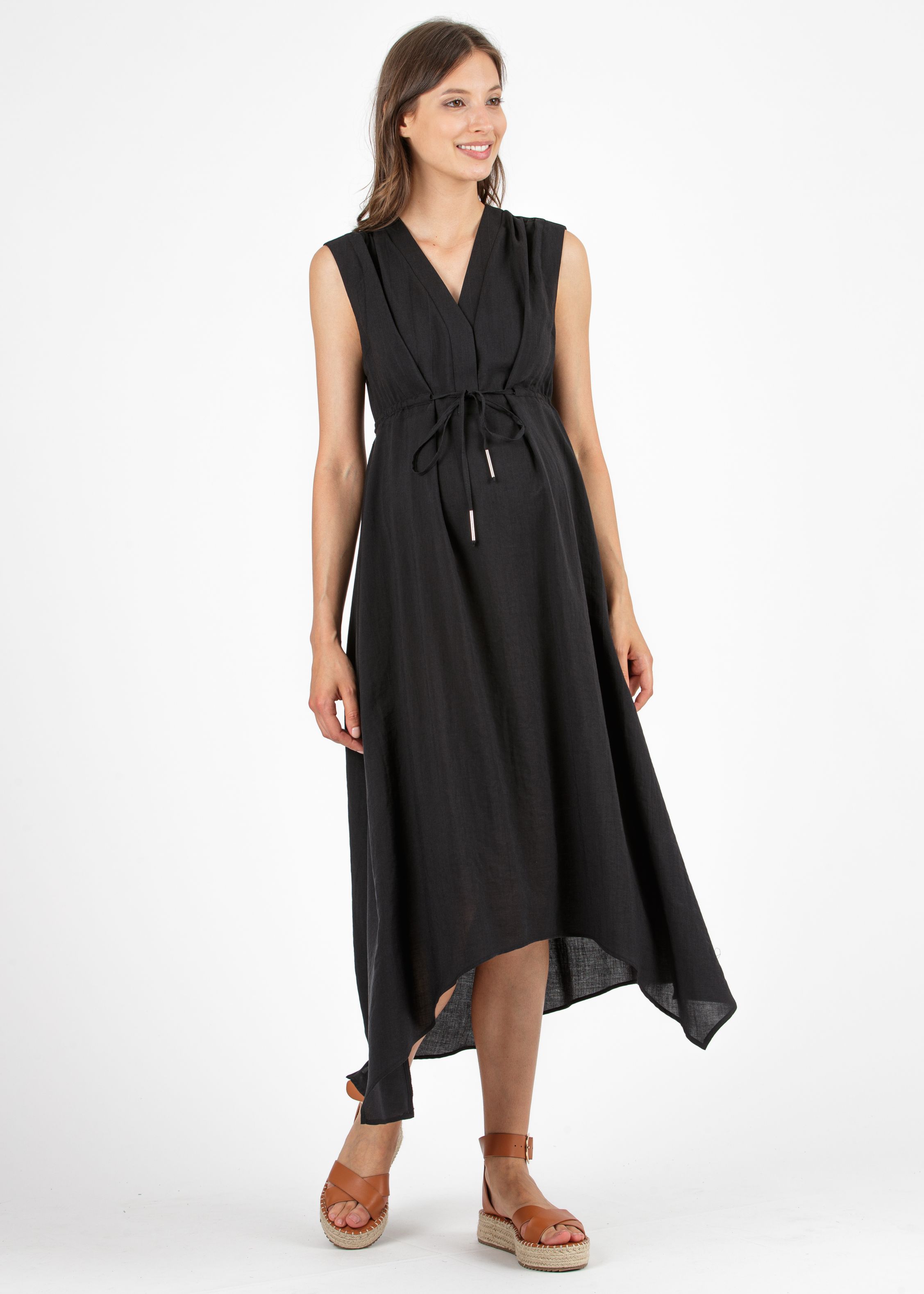 IRENE - Midi Maternity & Nursing Dress in Tencel with Drawstring (Black, XXS)