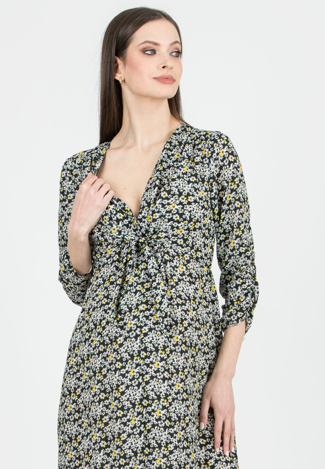 BELEN M/L - Printed Maternity & Nursing Dress with Knotted Bodice (Black, XS)
