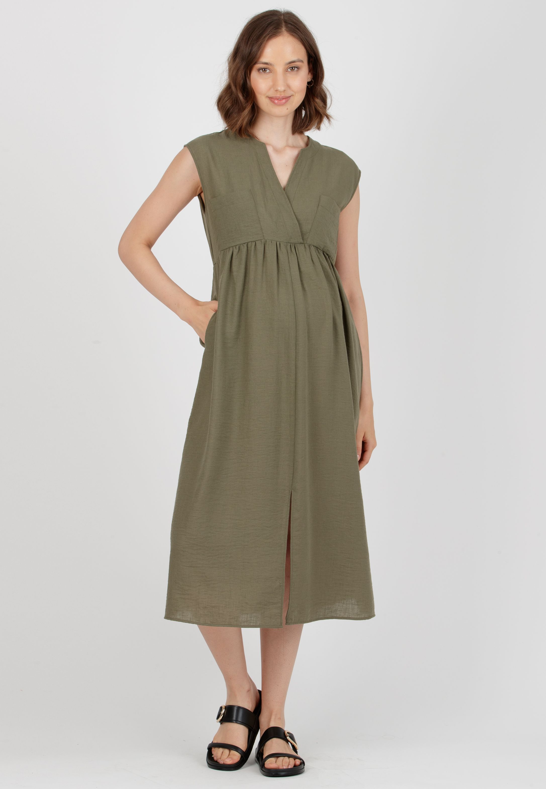 HARPER MIDI - Abito Premaman & Allattamento con Tasche sul Corpino (Verde Militare, XS)