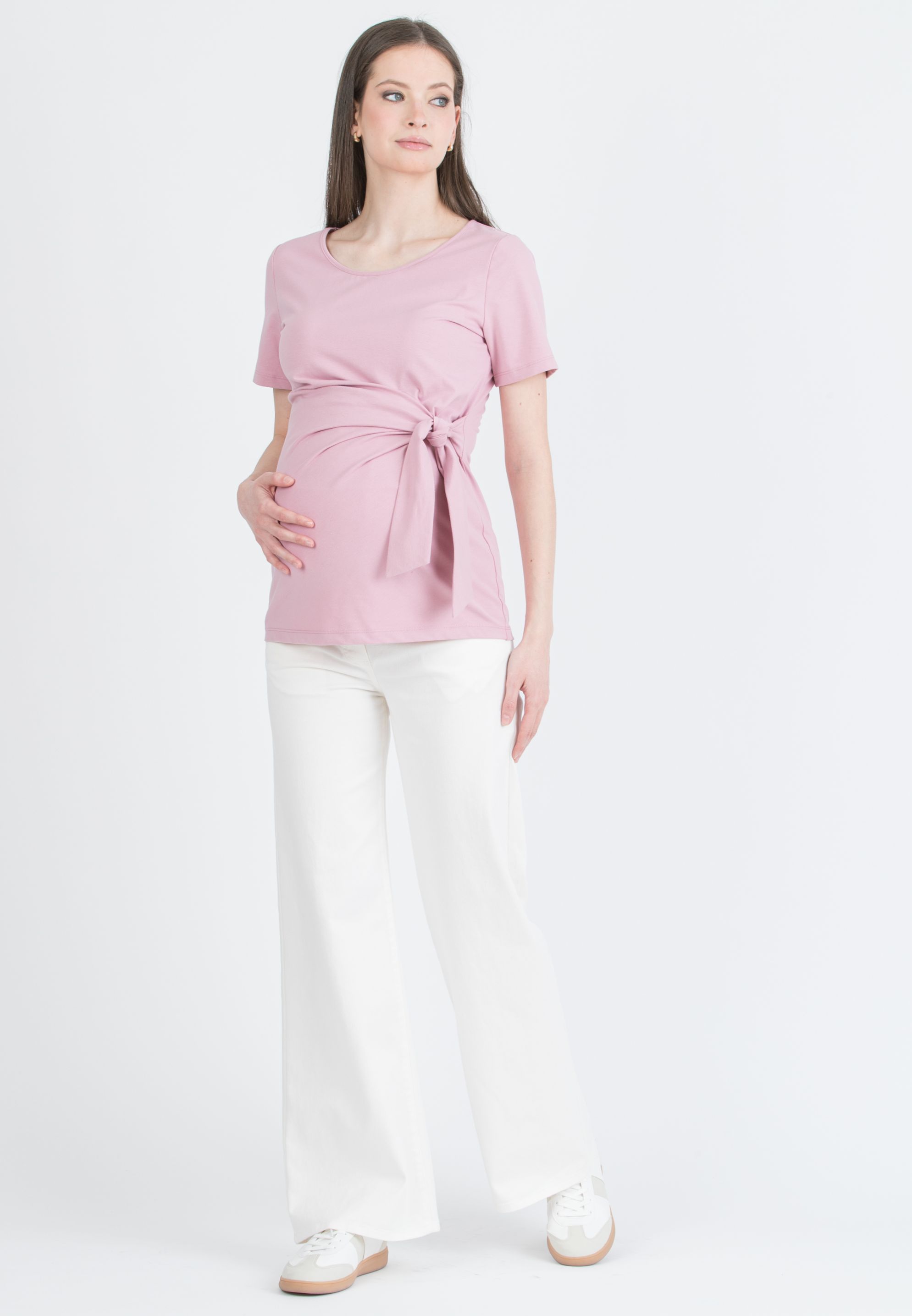 KAREN M - Maternity Cotton Jersey T-Shirt with Side Knot (Pink, XS)