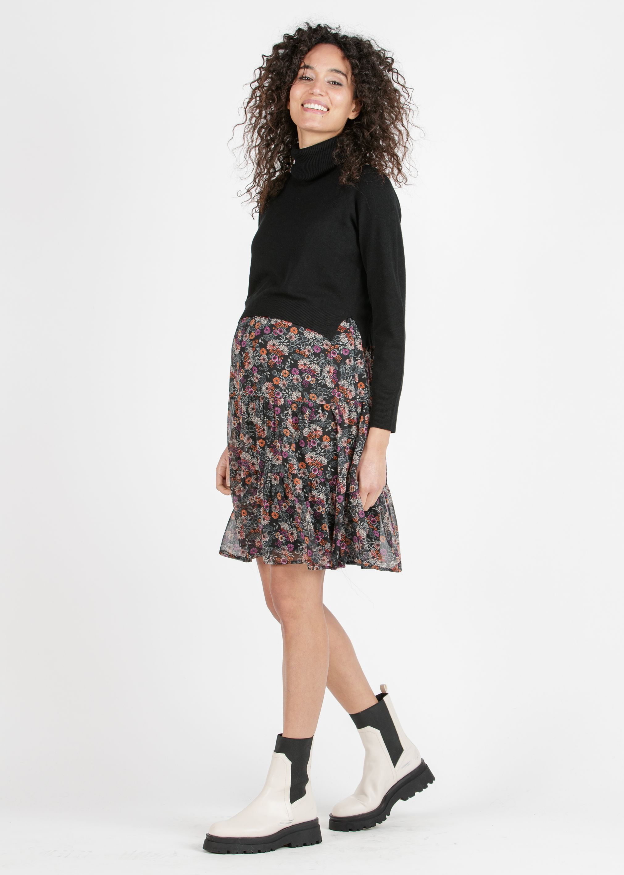 KELLY - Abito Premaman & Allattamento con Stampa Floreale e Maglioncino Abbinato (Nero, XS)