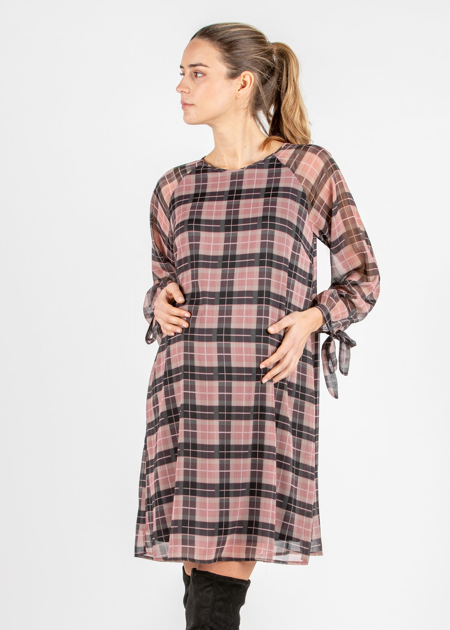 Pink Checked Printed Maternity Dress in Georgette with Raglan Sleeve and Ribbons on Cuffs (Powder, XS)