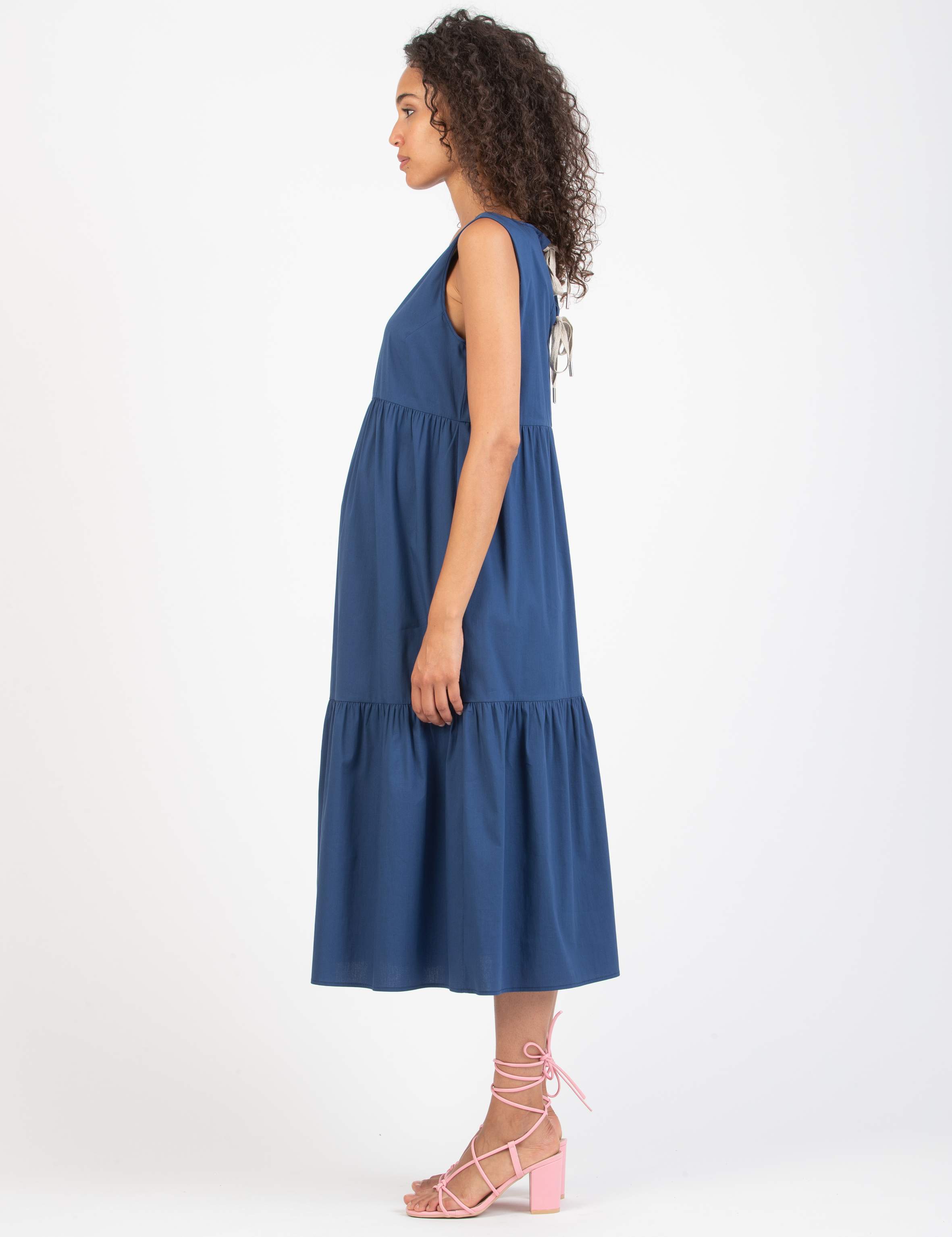Abito Midi Premaman a Balze con Chiusura a Laccetti (Blu, XS)