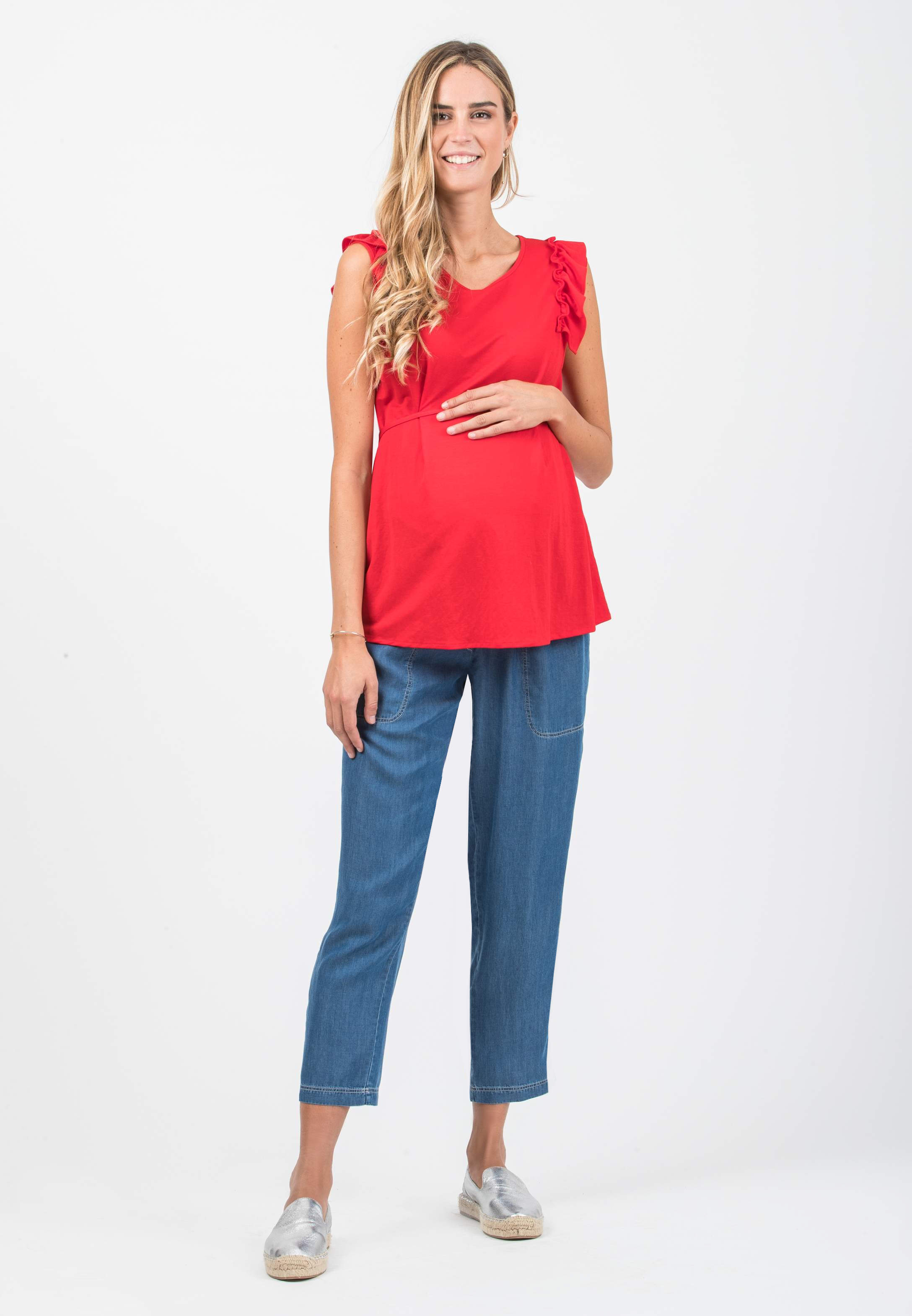 Maternity Top in Piqué with Front String (Red, XS)