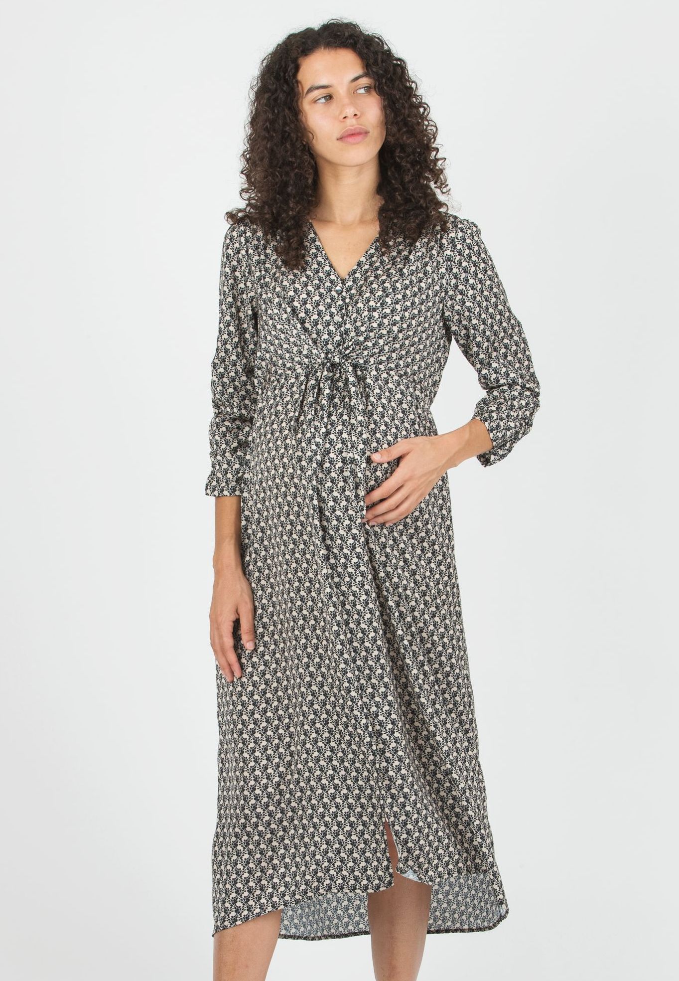 BELEN M/L - Abito Premaman & Allattamento in Raso Stampato con Corpino Annodato e Maniche 3/4 (Avorio, XS)