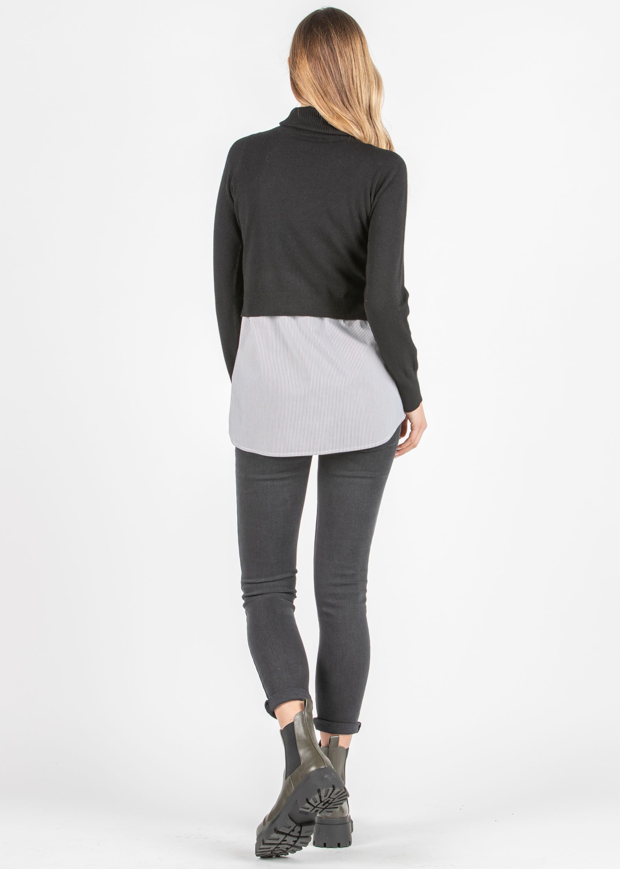 GIANNA R - Maglioncino Premaman & Allattamento con Collo Alto e Top a Righe Abbinato (Nero, XS)