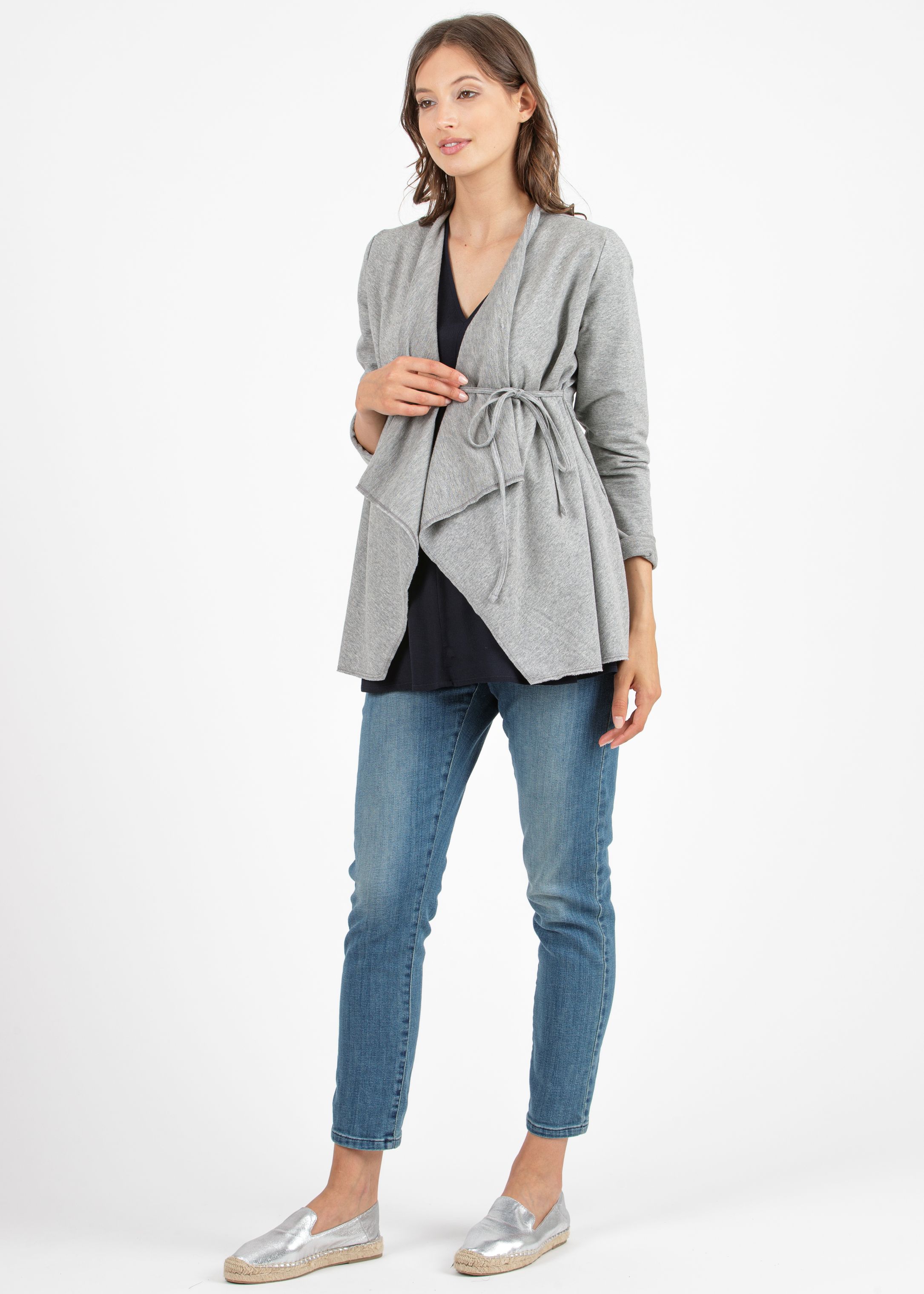 Maternity Cardigan in Cotton with String around the Waist (Mid-Grey, S)