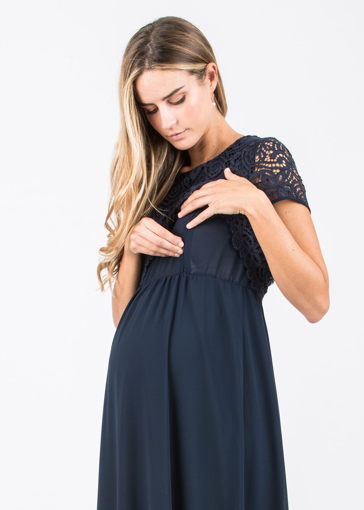 AURORA MAXI - Embroidered Long Maternity & Nursing Dress in Lace (Blue, XS)