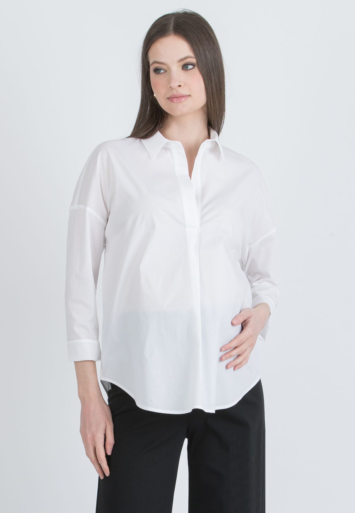 OLIVIA - Camicia Over Premaman in Popeline di Cotone Elasticizzato (Avorio, XS)