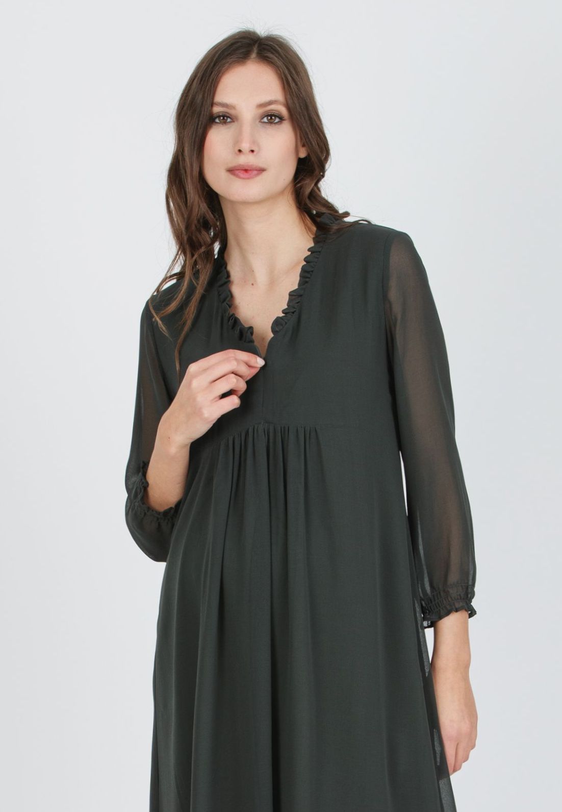 DIANA - Abito Premaman & Allattamento in Chiffon con Volant (Verde Militare, XS)