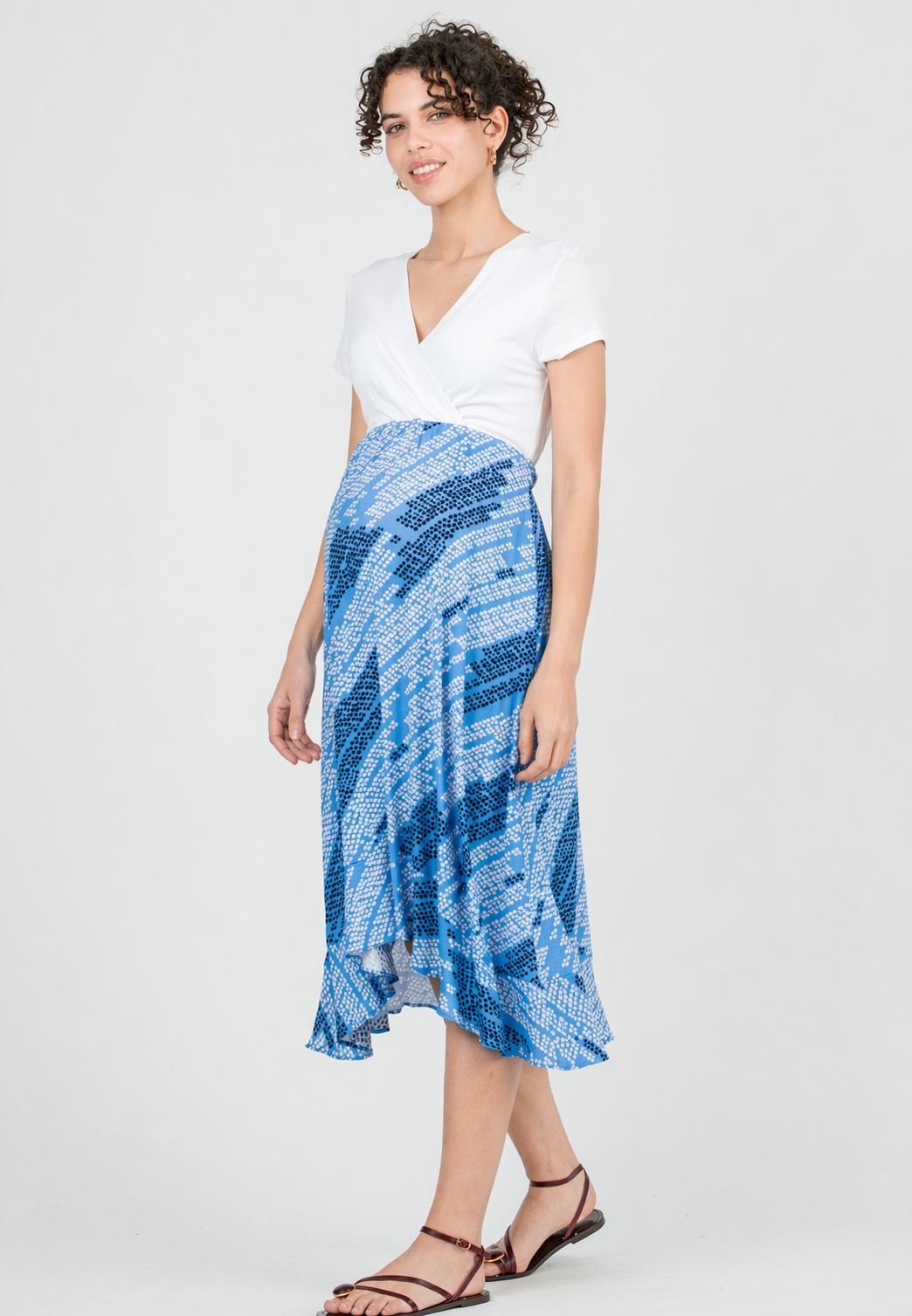 MARTA - Maternity & Nursing Dress with Crossed Bodice and Printed Skirt (China Blue, XS)