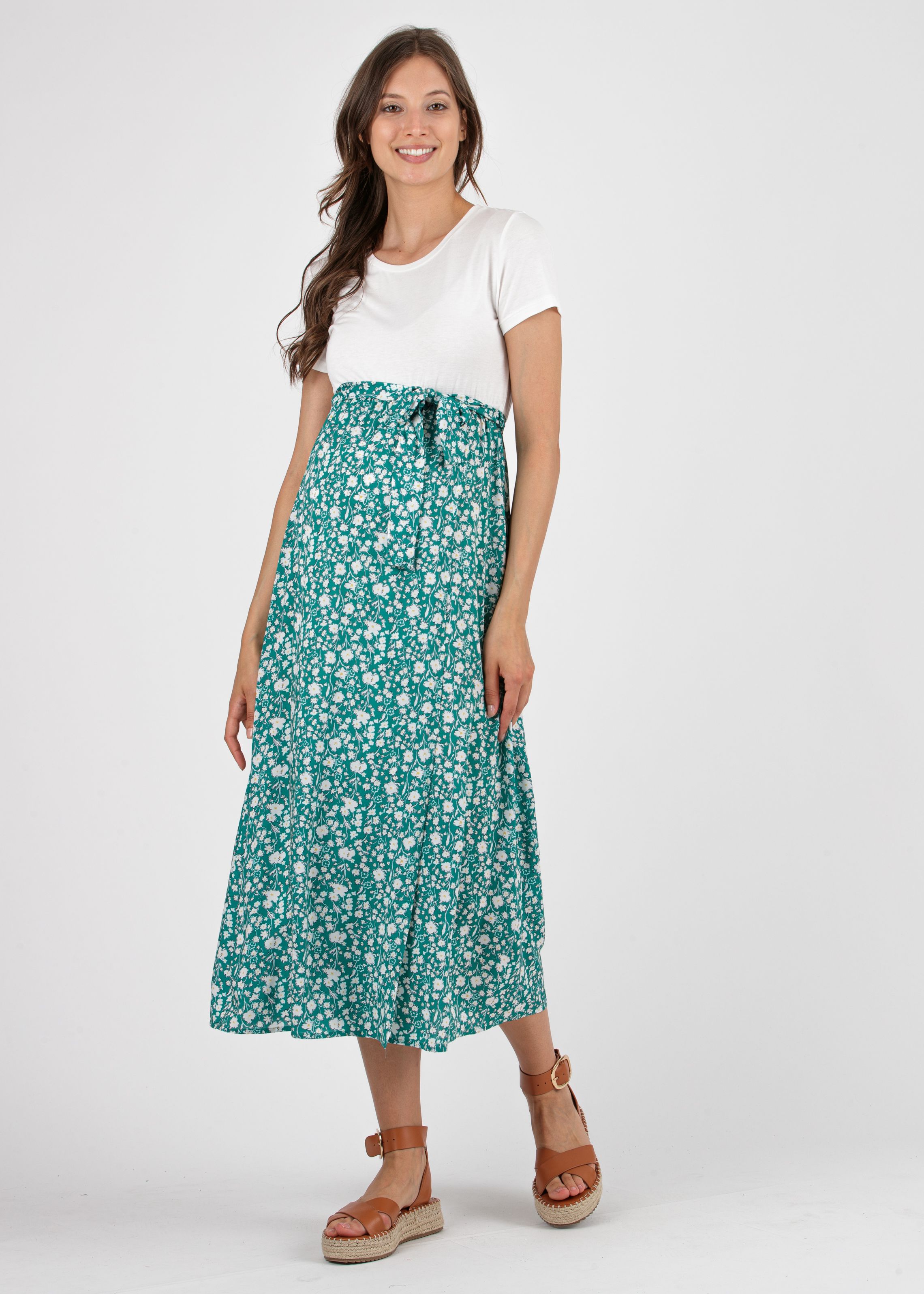 Midi Maternity Dress with Floral Printed Wraparound Skirt (Green, XS)