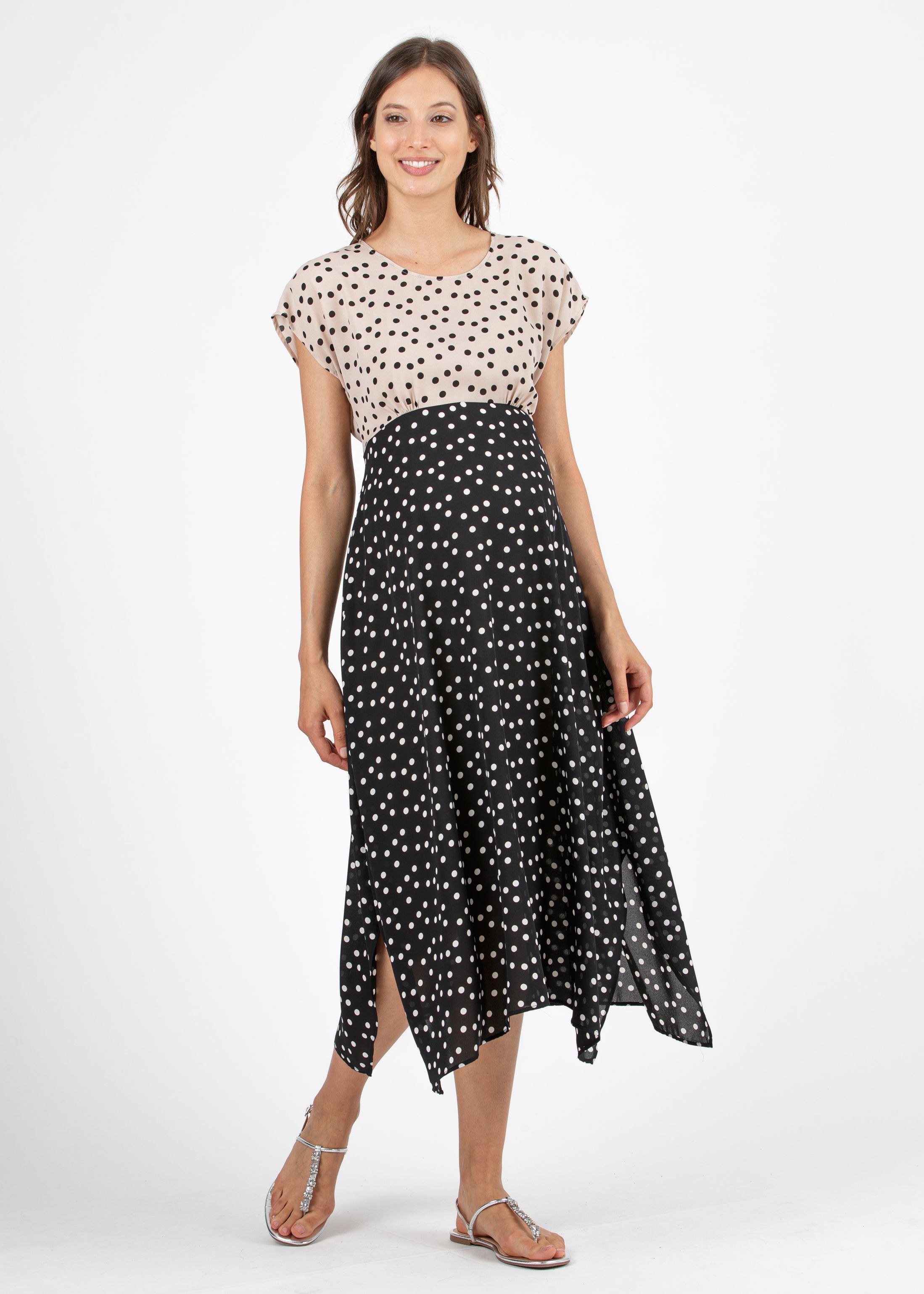 LETIZIA - Abito Premaman a Pois con Gonna Asimmetrica (Nero)