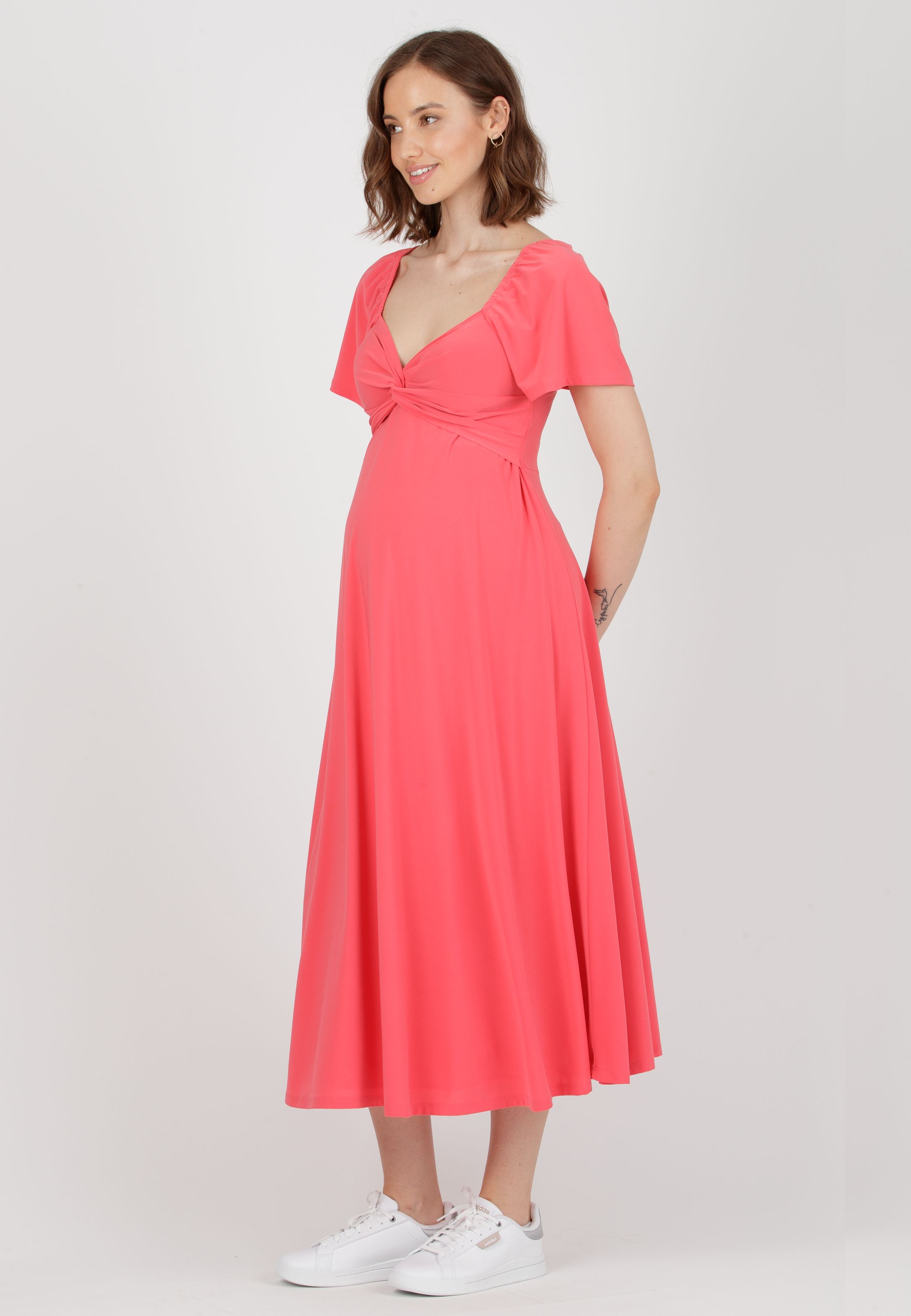 ESTELLE - Maternity & Nursing Dress with Sweetheart Neckline and Flared Midi Skirt (Corallo)
