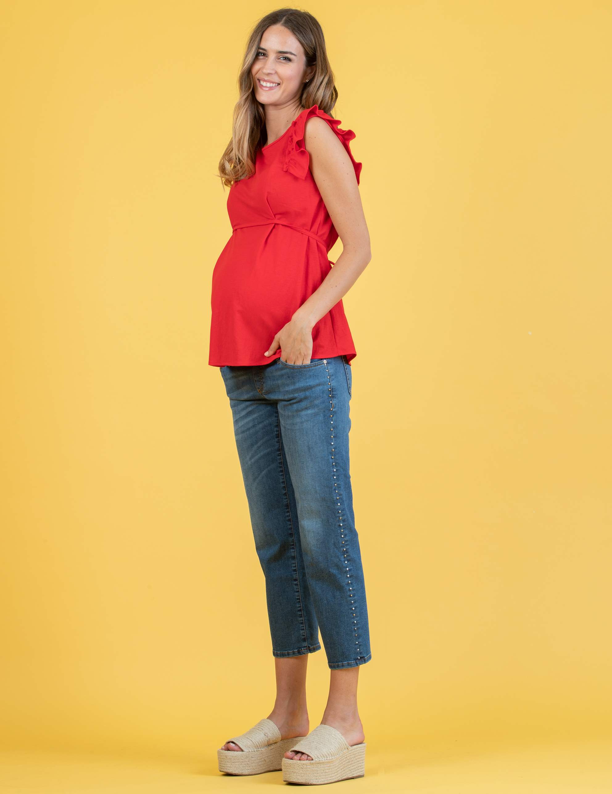 Maternity Top in Piqué with Front String (Red, XS)