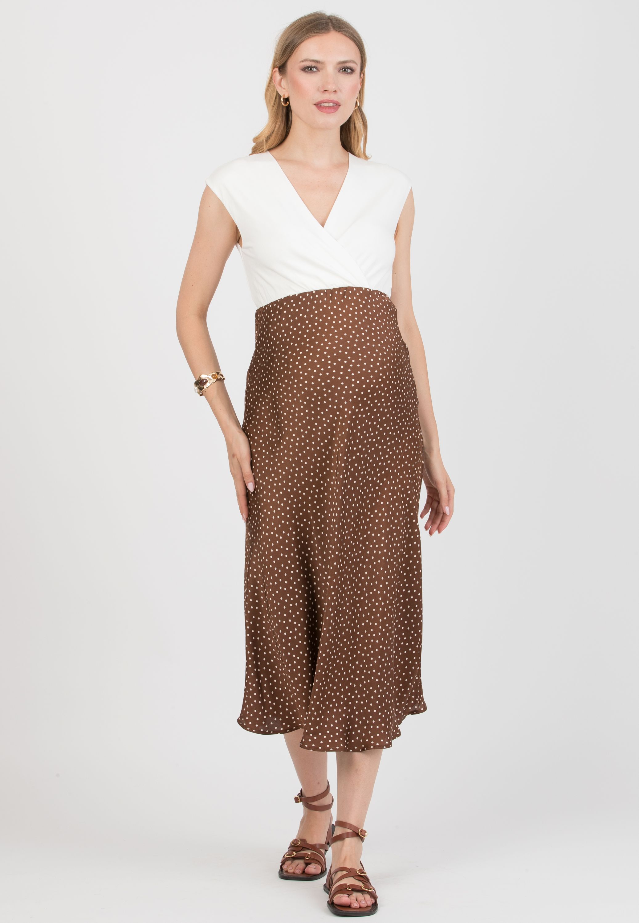 DILETTA P – Maternity & Nursing Dress with Crossover Bodice and Polka-Dot Satin Skirt (Marrone)