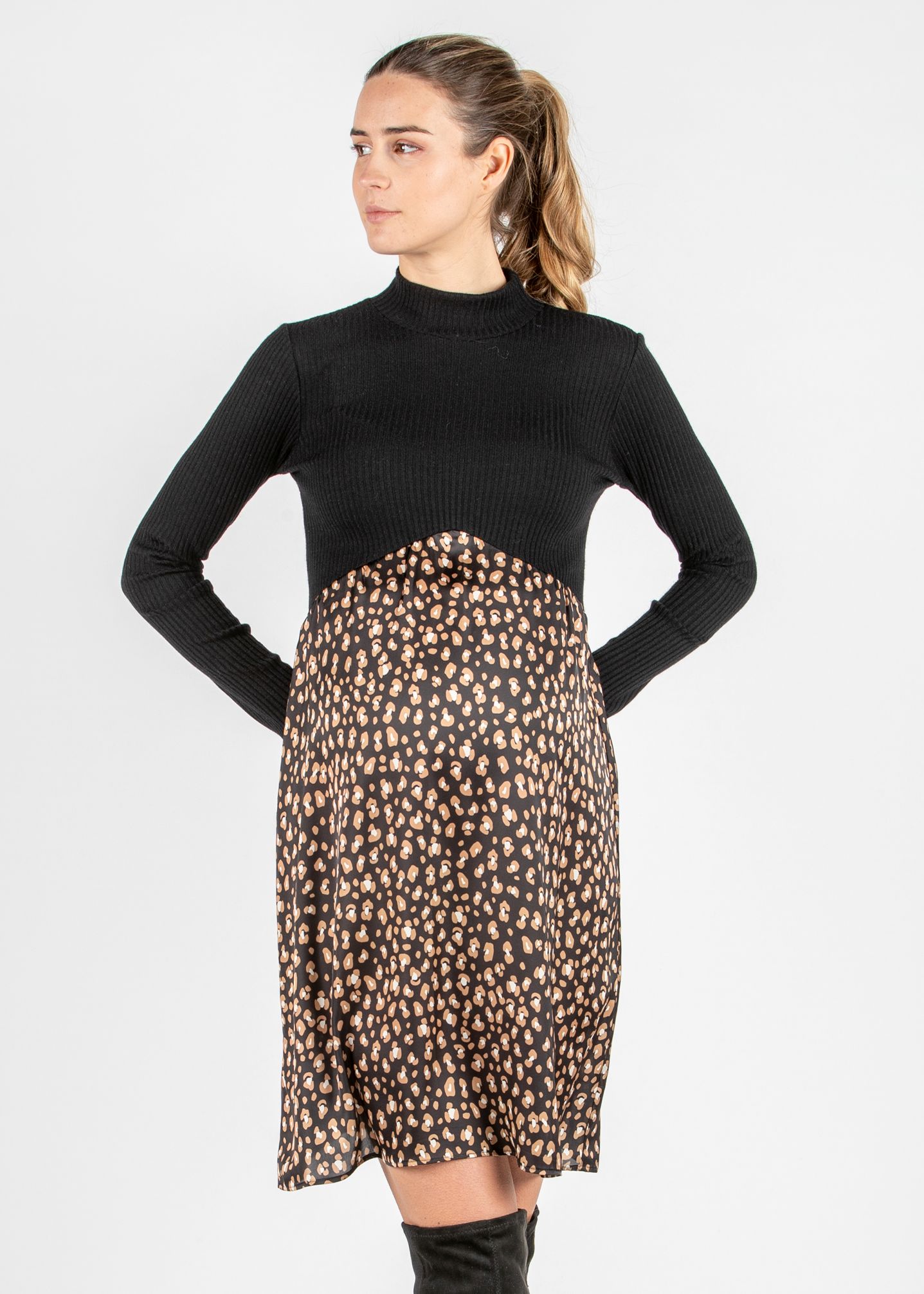 ANASTASIA - Maternity Dress in Ribbed Knit and Animal Printed Satin (Black, XS)