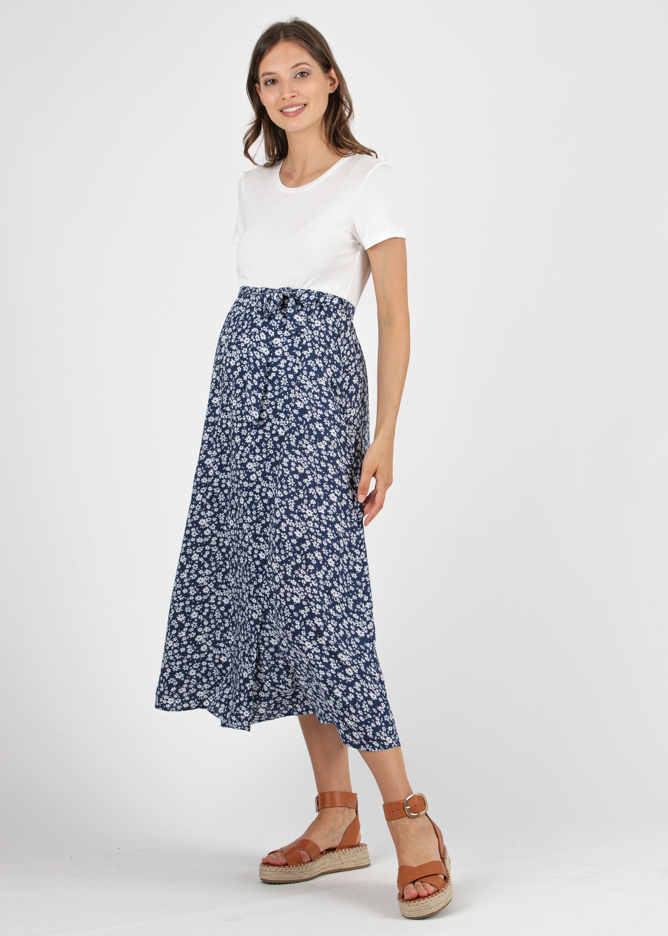 Midi Maternity Dress with Floral Printed Wraparound Skirt (Blue, XS)