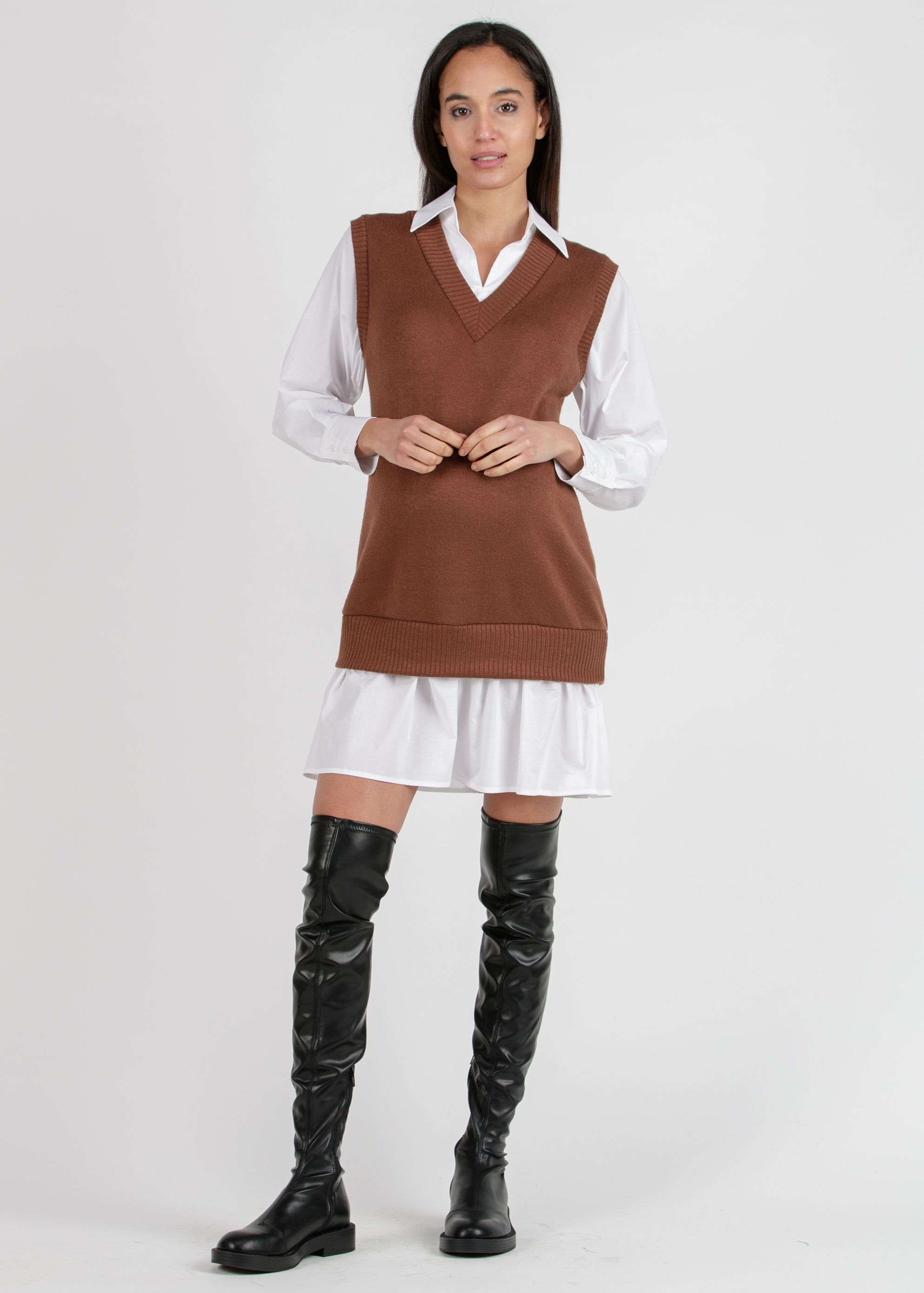 KENDALL - Maternity Dress with Vest and Faux Shirt (Caramello)