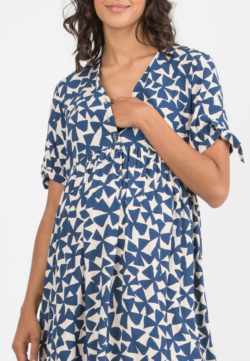 CHLOE - Maternity & Nursing Viscose Dress with Bows on Sleeves (Blue, XS)
