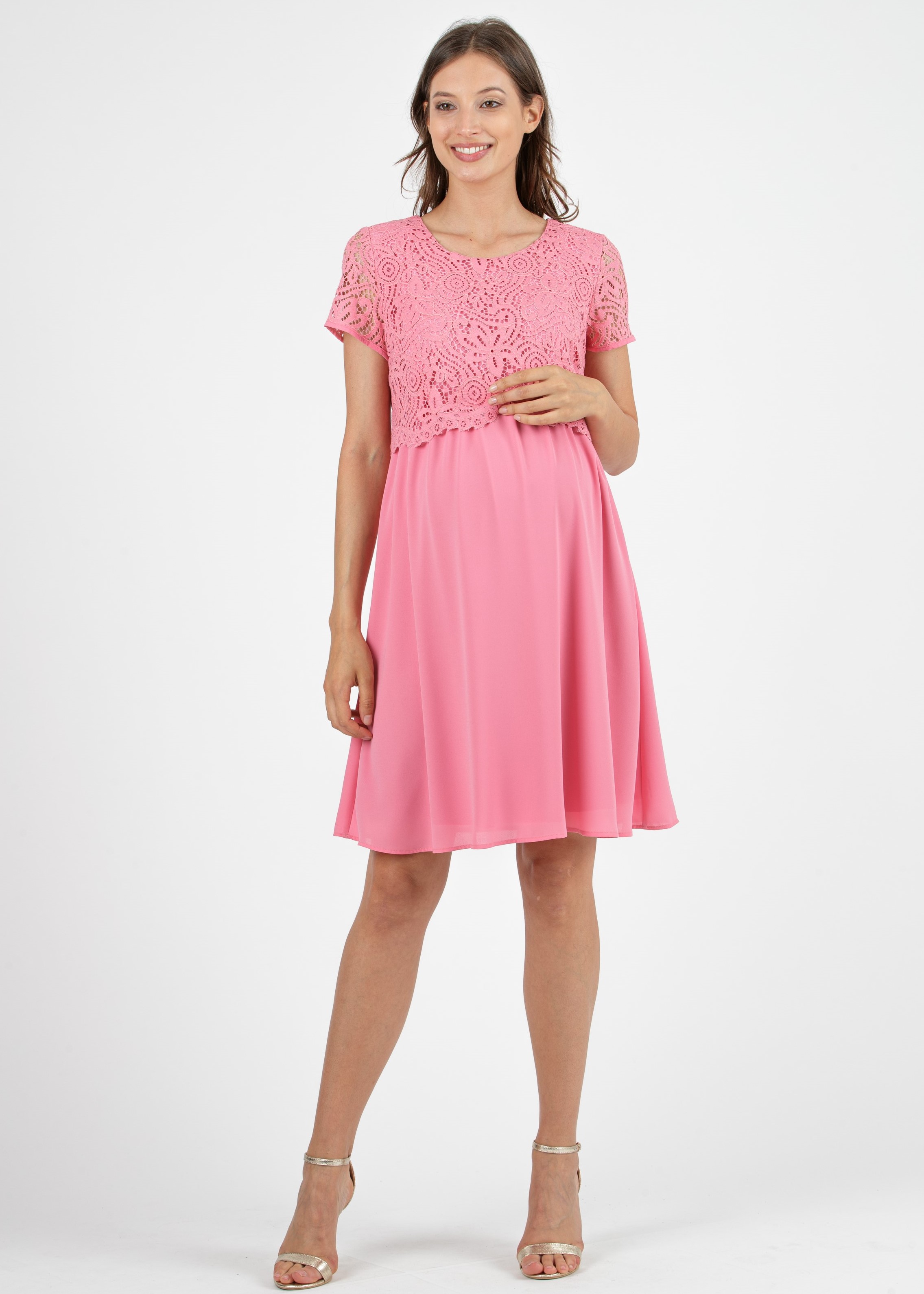 AURORA - Embroidered Maternity & Nursing Dress in Lace (Pink, XS)