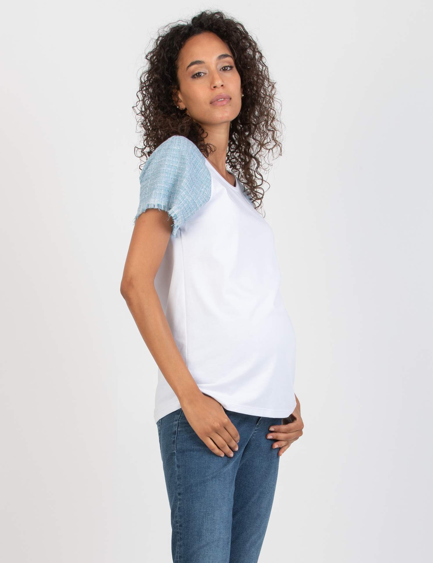 Maglietta Premaman in Cotone con Maniche in Bouclé (Bianco, XS)