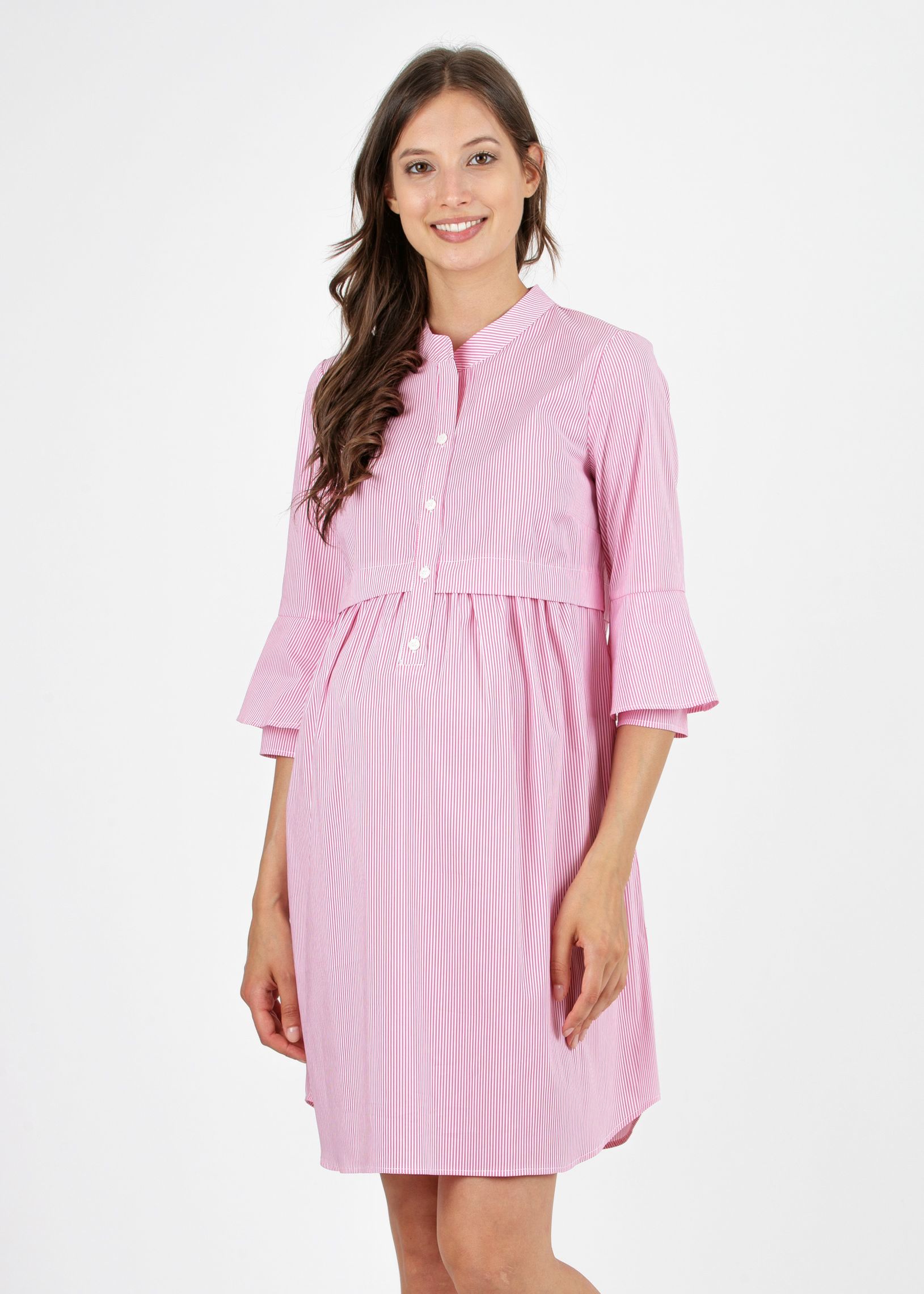 HEIDI R - Striped Maternity & Nursing Dress in Poplin with ¾ Bell Sleeve (Fuchsia, XS)