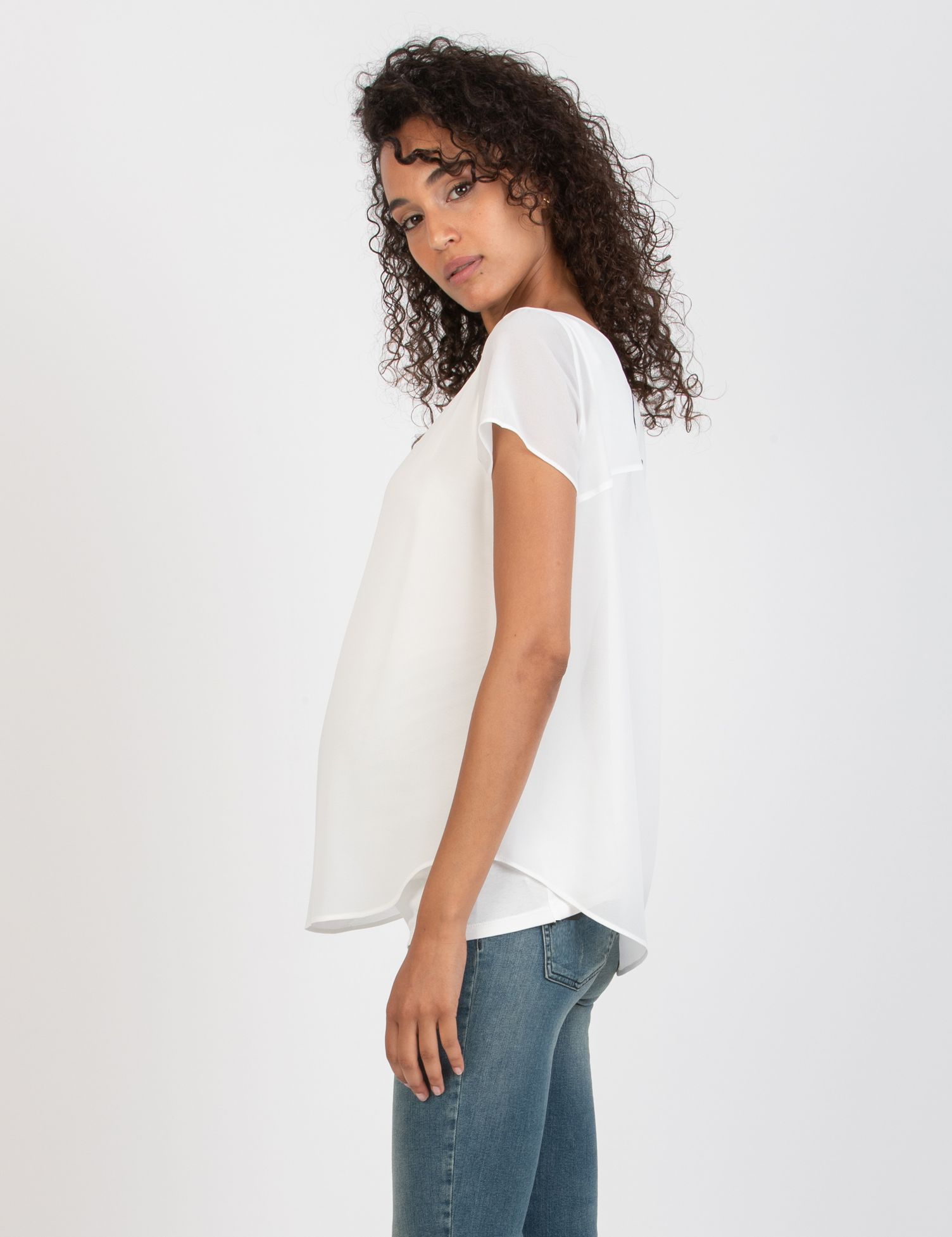 LAURA - Maglietta Premaman a Doppio Strato di Chiffon e Jersey (Avorio, XS)