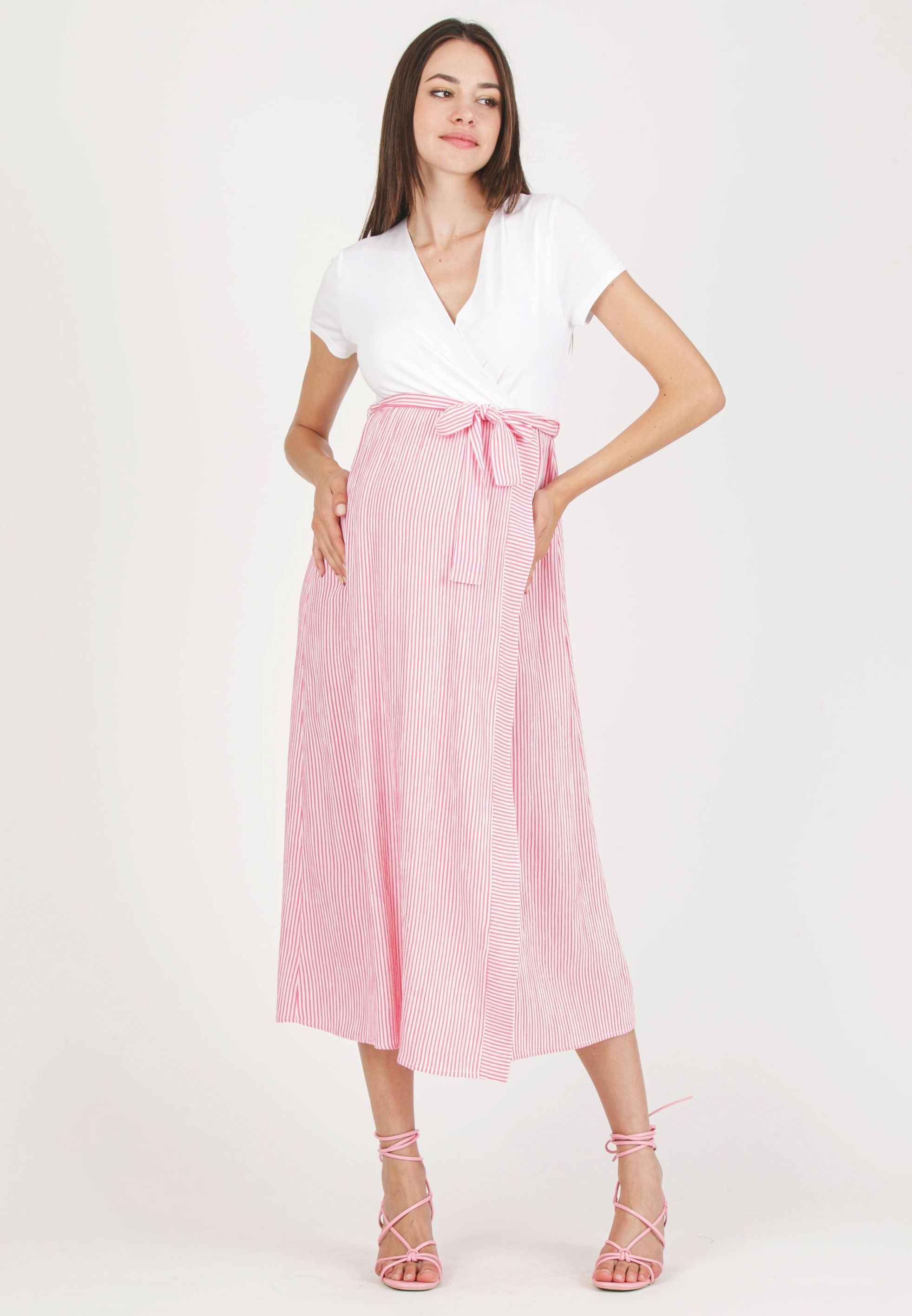 FEDERICA R - Abito Premaman & Allattamento con Corpino Incrociato e Gonna a Righe (Fuxia, XS)