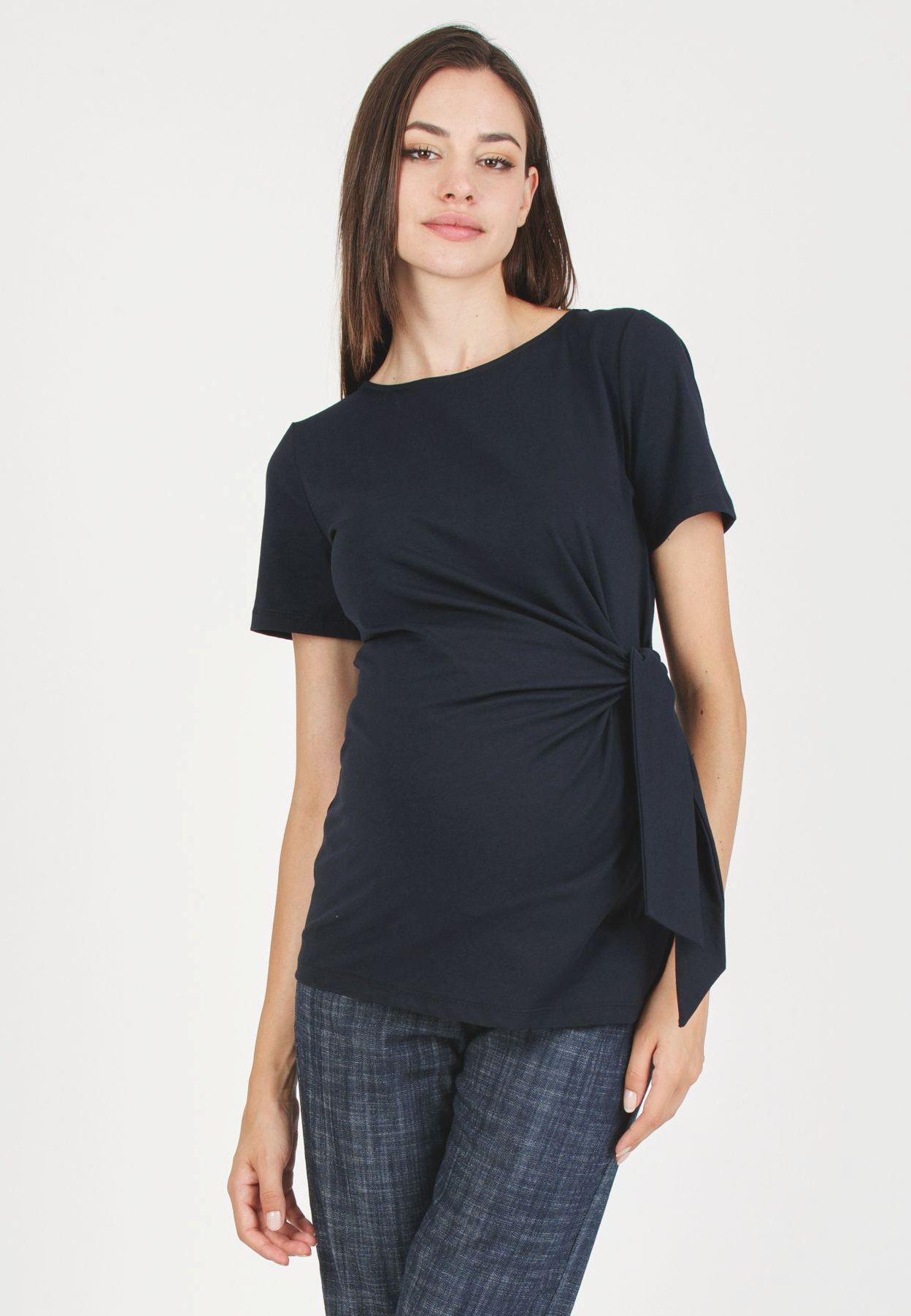 KAREN M - T-Shirt Premaman in Jersey di Cotone con Nodo Laterale (Blu, XS)
