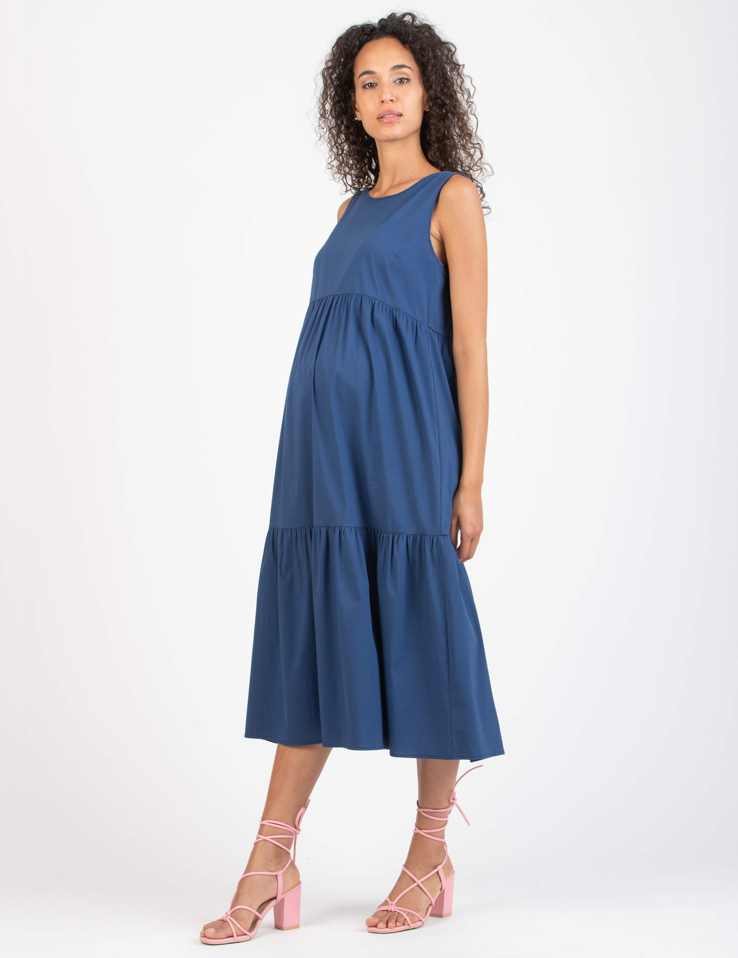Abito Midi Premaman a Balze con Chiusura a Laccetti (Blu, XS)