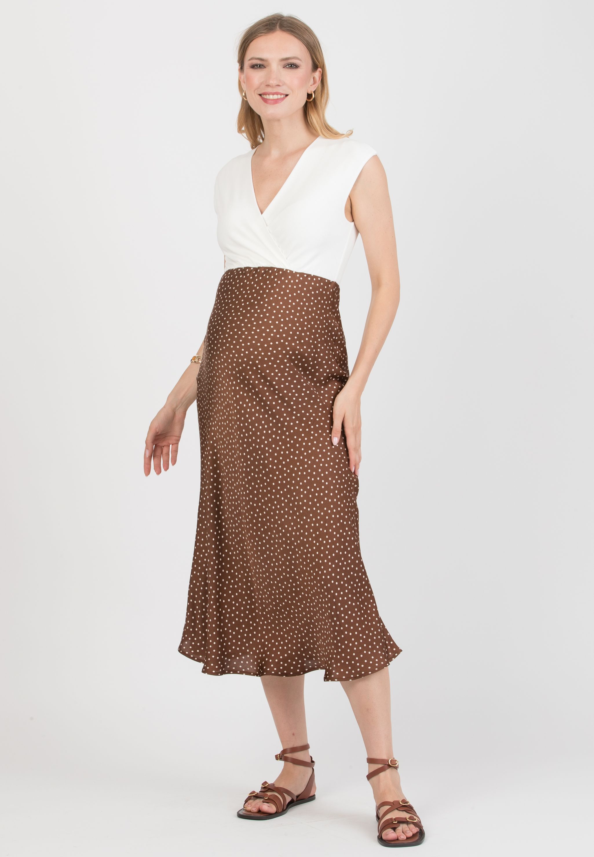 DILETTA P – Maternity & Nursing Dress with Crossover Bodice and Polka-Dot Satin Skirt (Marrone)