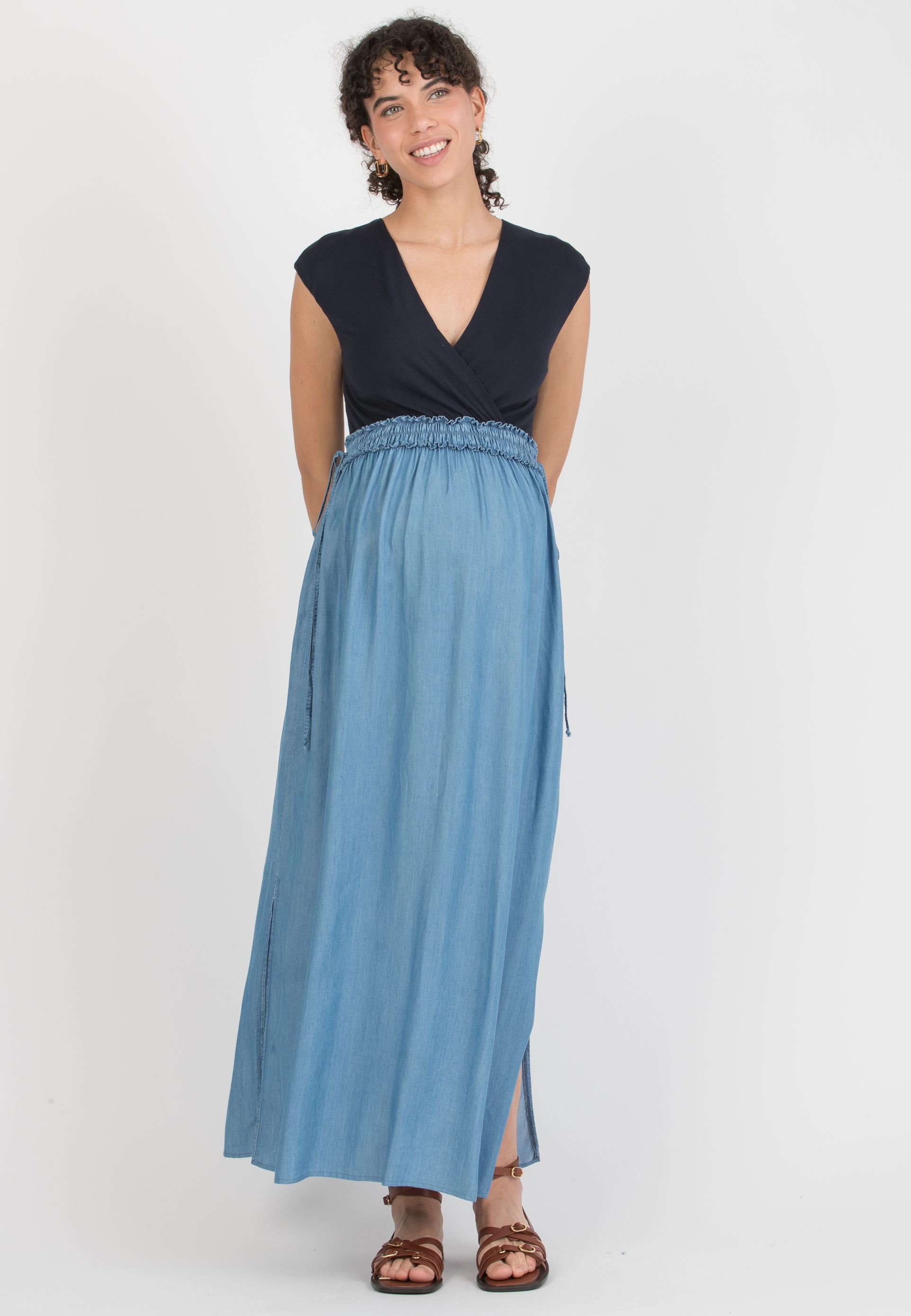 GAIA J - Abito Lungo Premaman & Allattamento in Tencel con Fascia di Elastici (Denim)