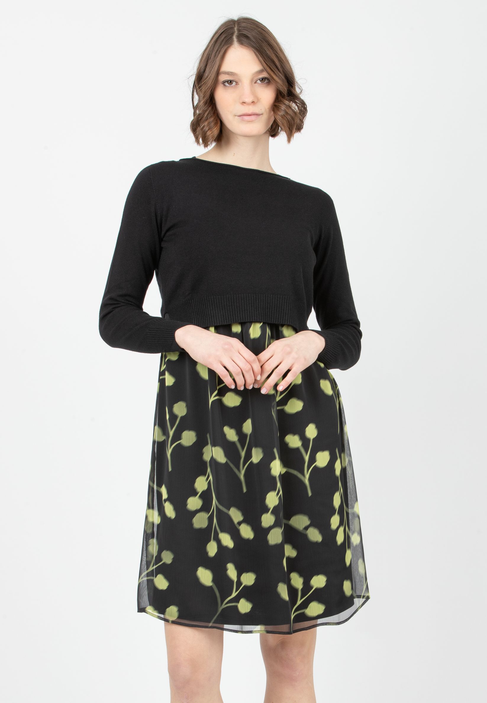 KELLY - Abito Premaman & Allattamento con Stampa Floreale e Maglioncino Abbinato (Verde Acido, XS)