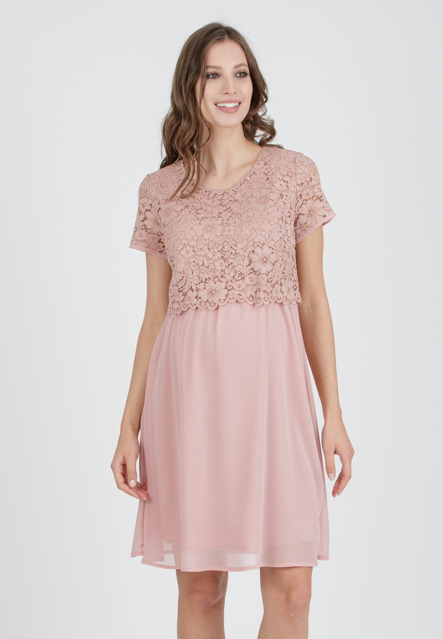 ELEONORA M/M GRS - Maternity & Nursing Dress in Lace and Recycled Chiffon (Cipria)